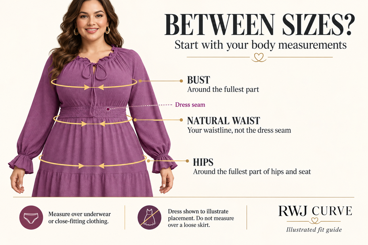 Between sizes: RWJ illustrated bust, natural waist and hip measurement guide.