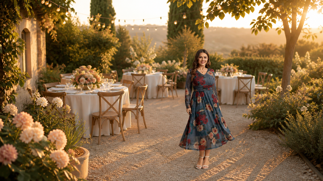Plus-size wedding guest in a garden wedding reception setting