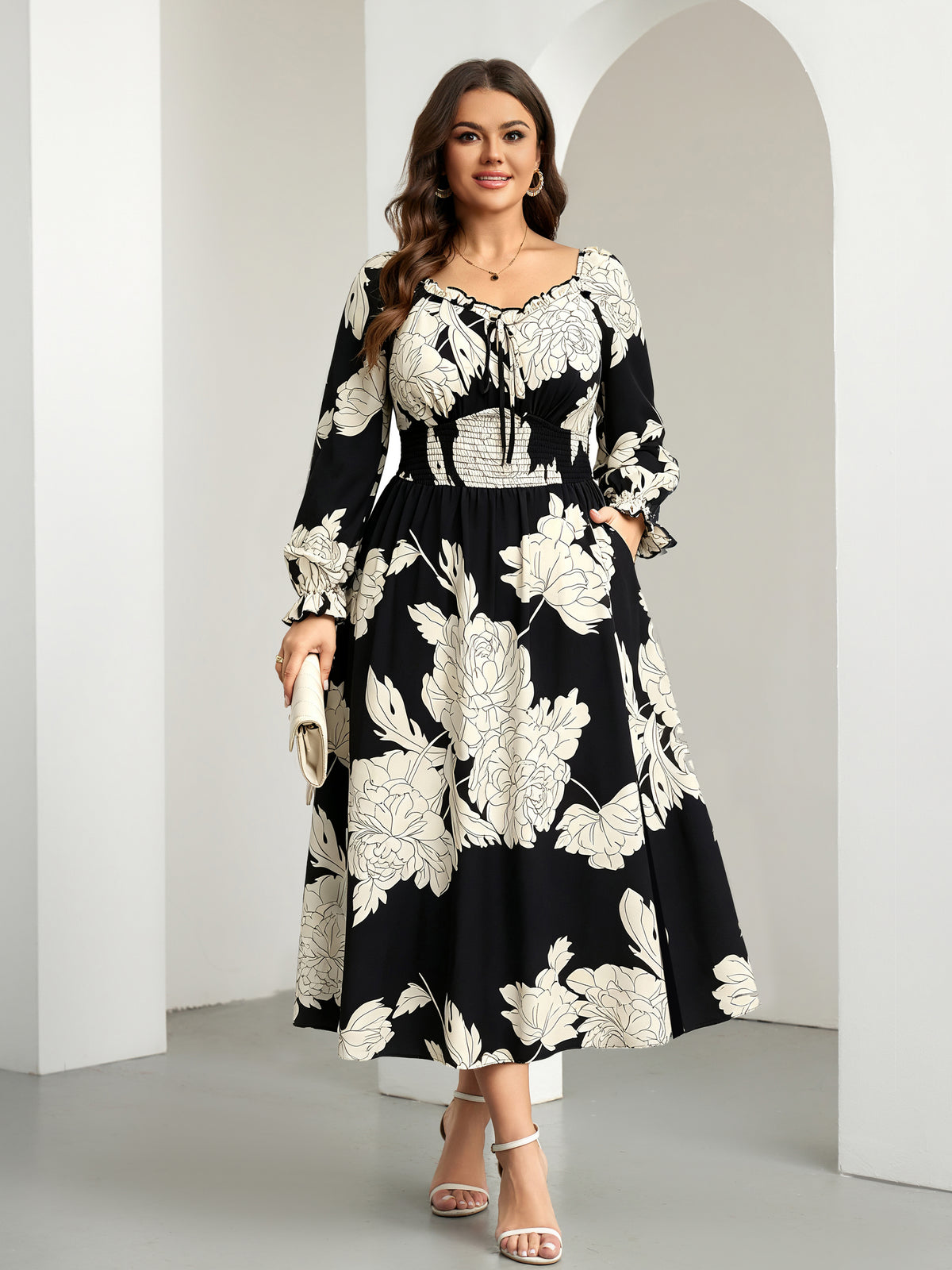 Plus Size Square-Neck Side-Slit Maxi Dress — Black Floral