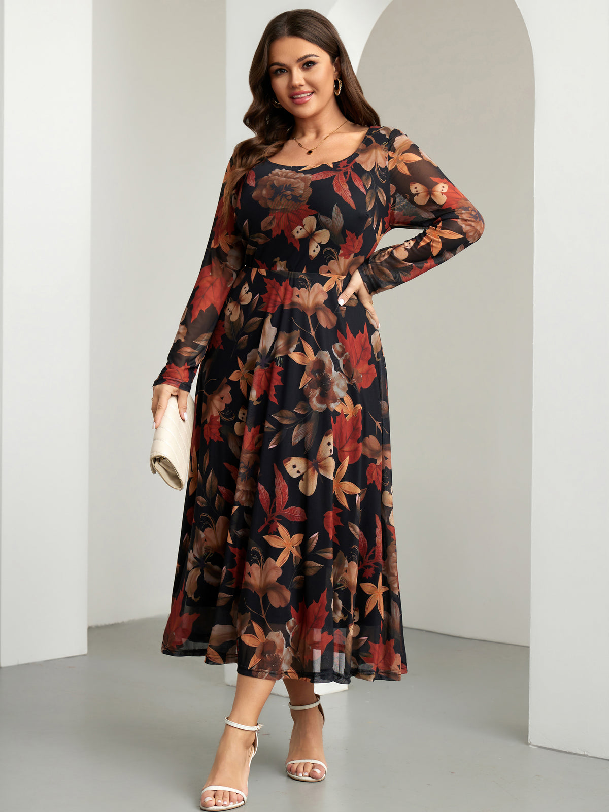 Plus Size Floral Mesh Long-Sleeve Mini Dress — Black Yellow Floral