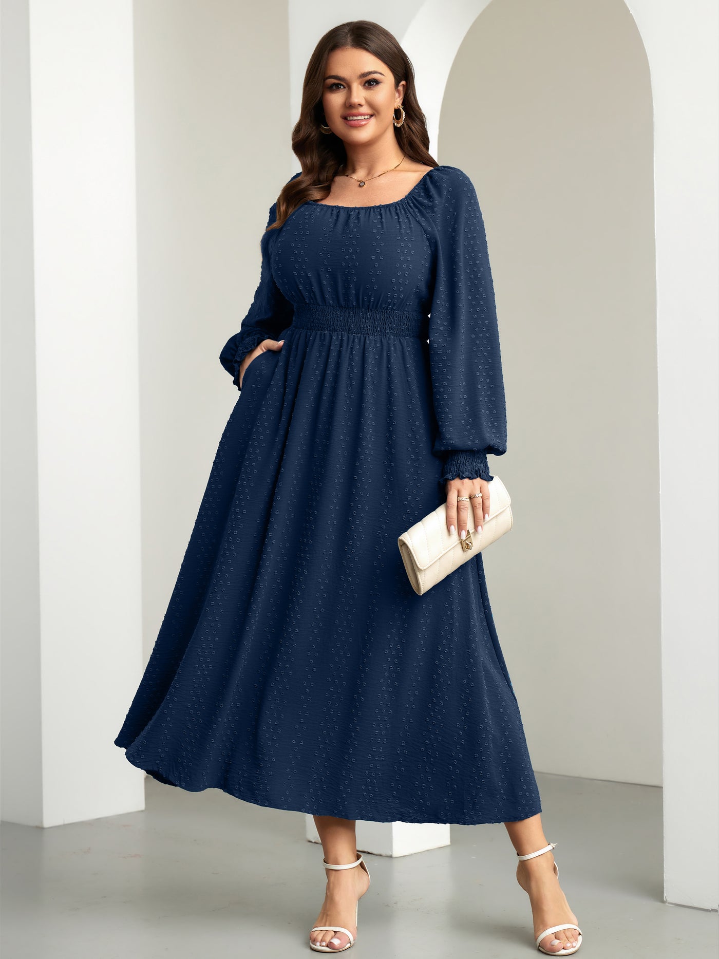 Plus Size Square-Neck Long-Sleeve Maxi Dress — Navy Blue