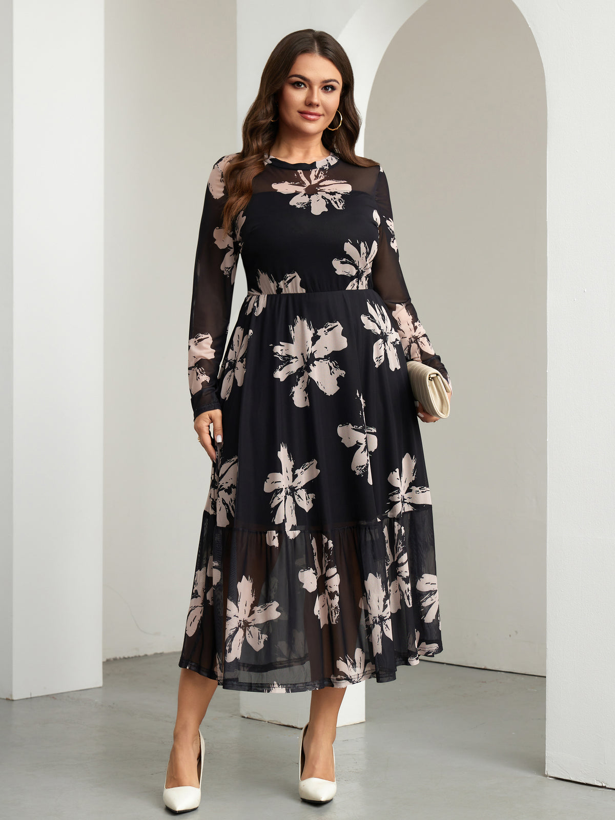 Plus Size Lace Long-Sleeve Midi Dress — Black Floral