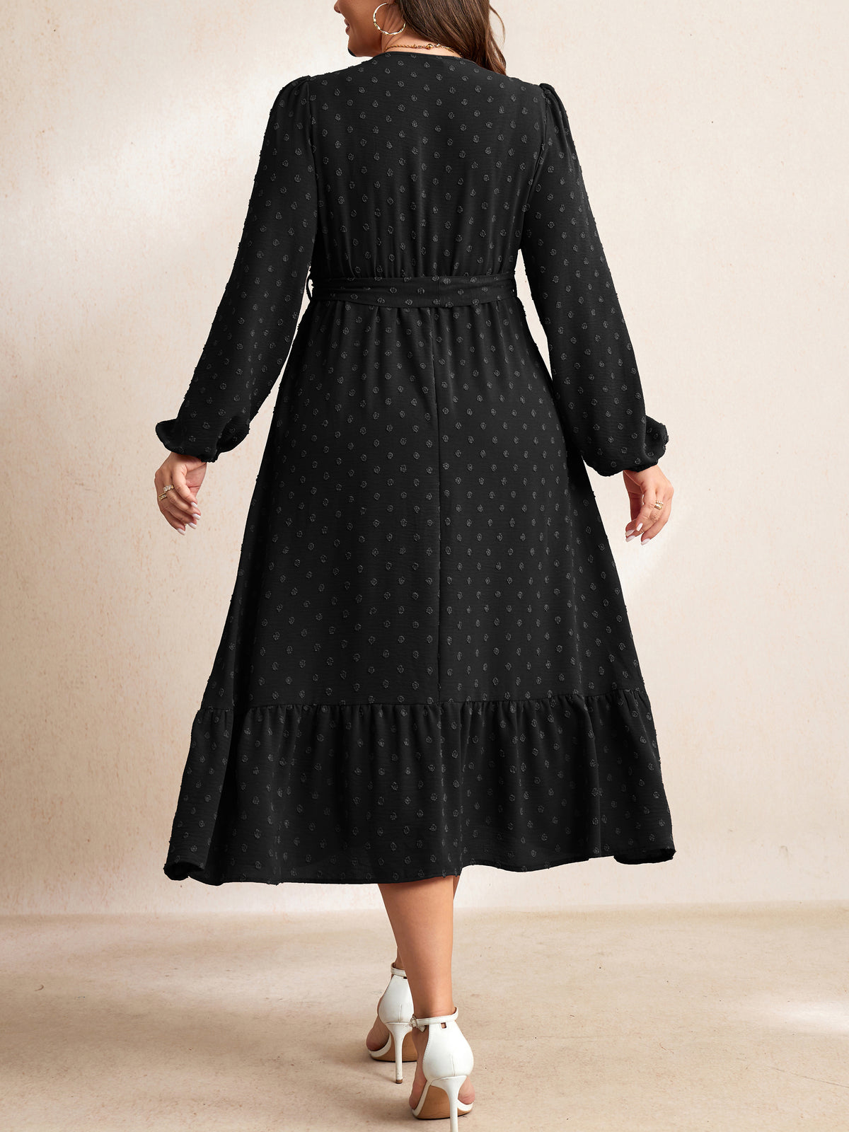 Plus Size V-Neck Tiered Midi Dress — Black