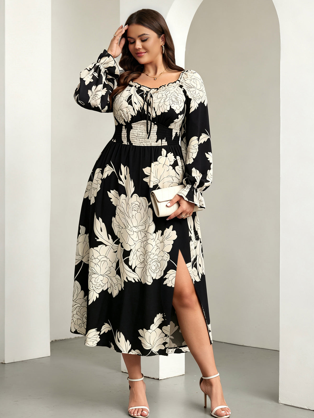 Plus Size Square-Neck Side-Slit Maxi Dress — Black Floral