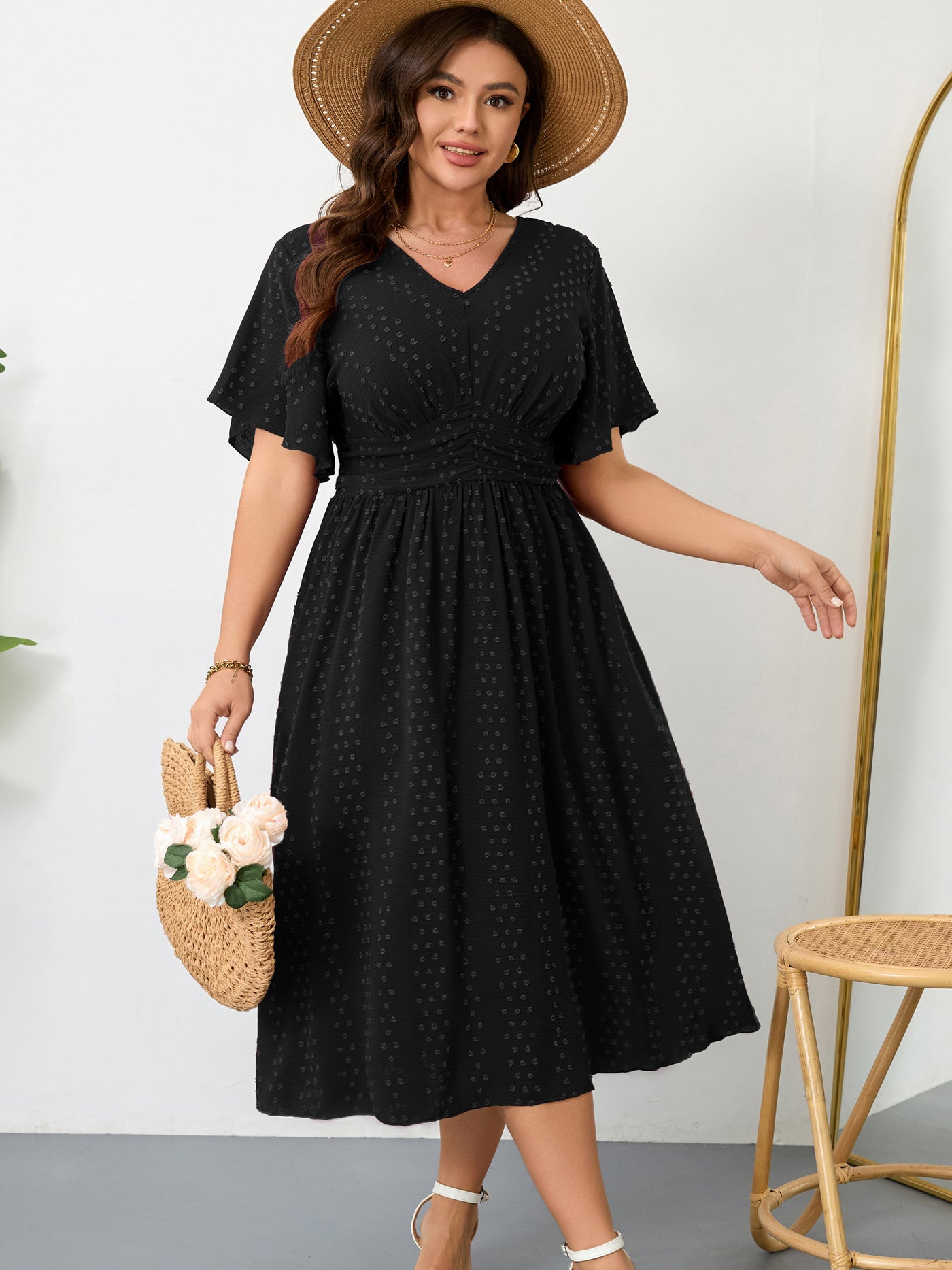 Plus Size Swiss-Dot V-Neck Maxi Dress — Black