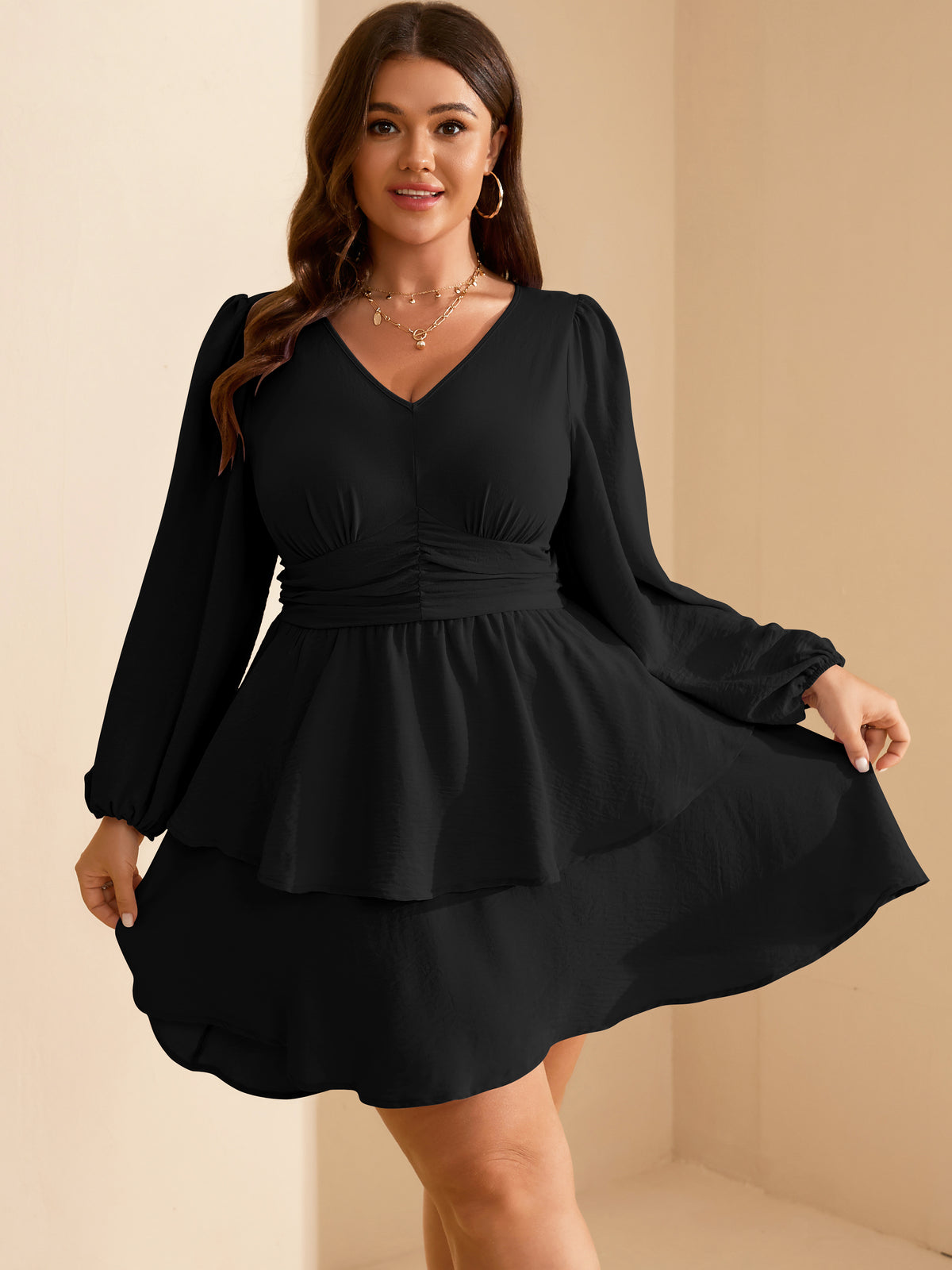 Plus Size V-Neck Tiered Mini Dress — Black