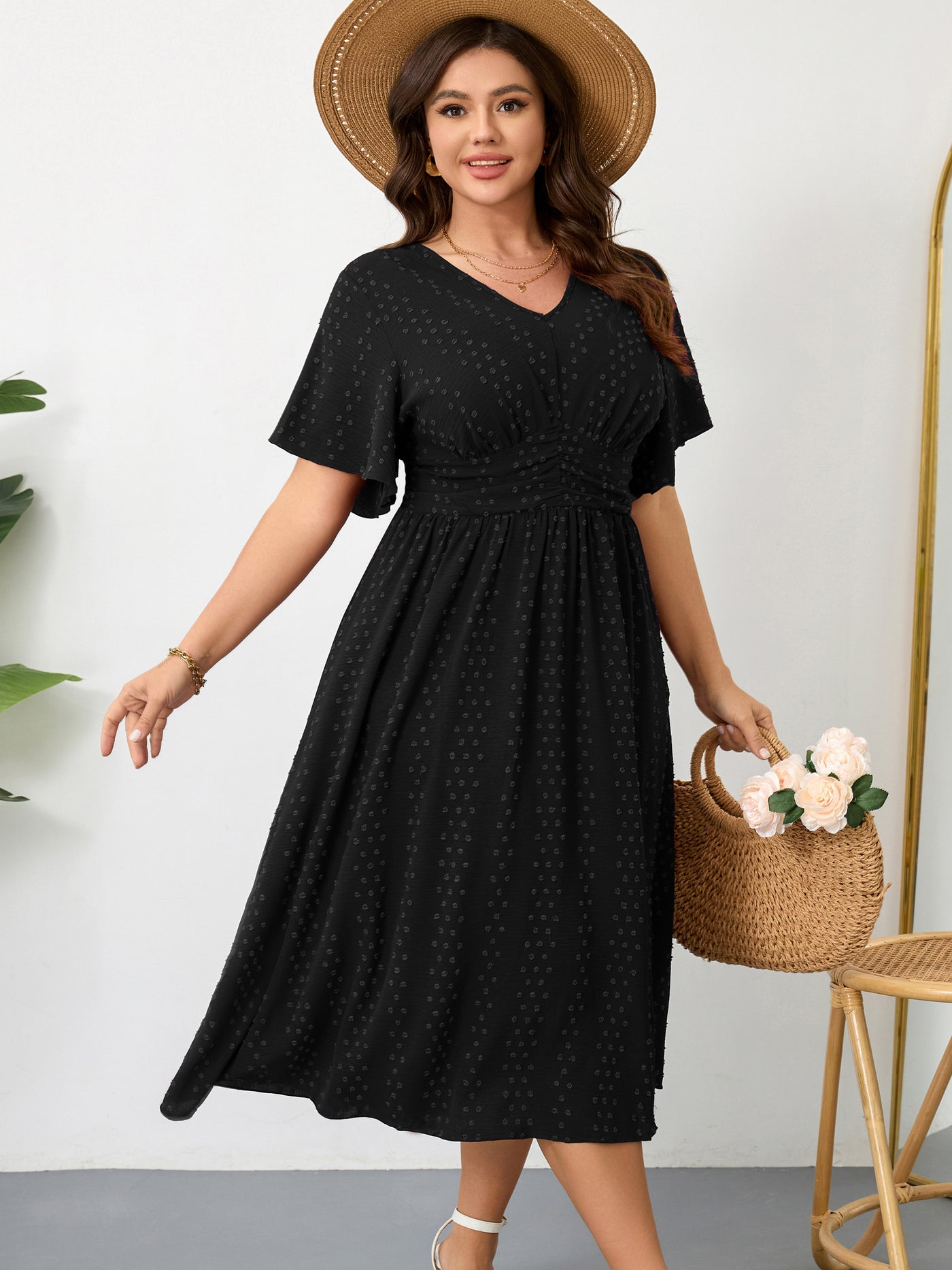 Plus Size Swiss-Dot V-Neck Maxi Dress — Black