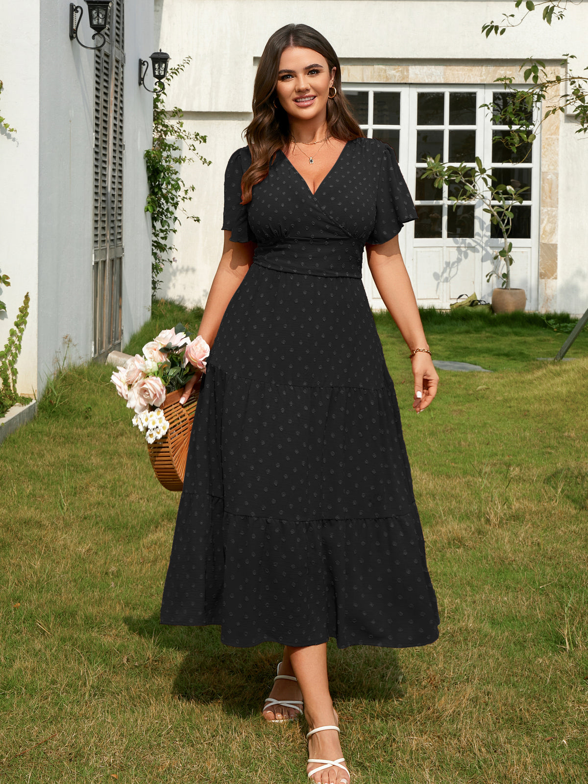 Plus Size Swiss-Dot V-Neck Maxi Dress — Black