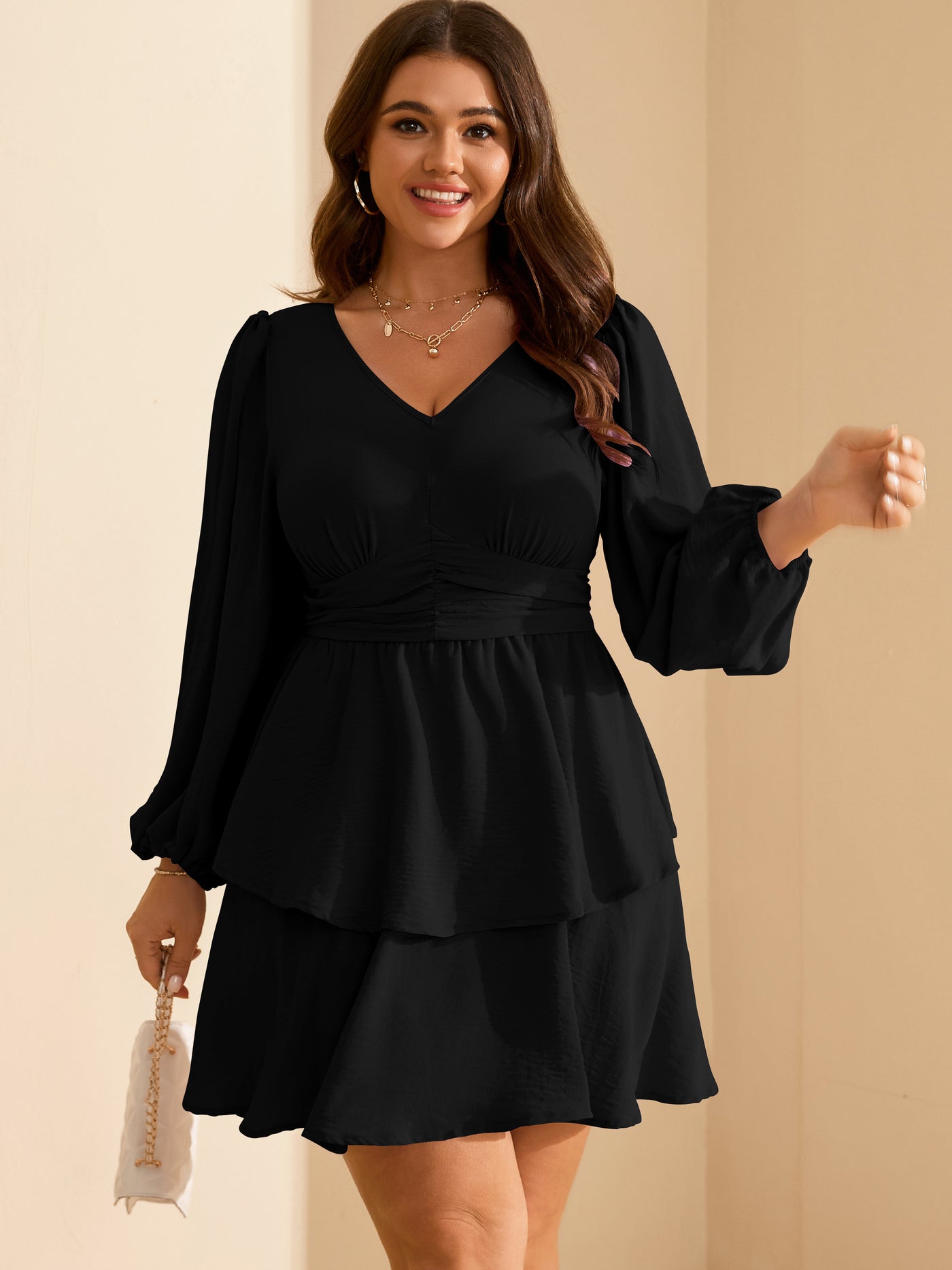 Plus Size V-Neck Tiered Mini Dress — Black