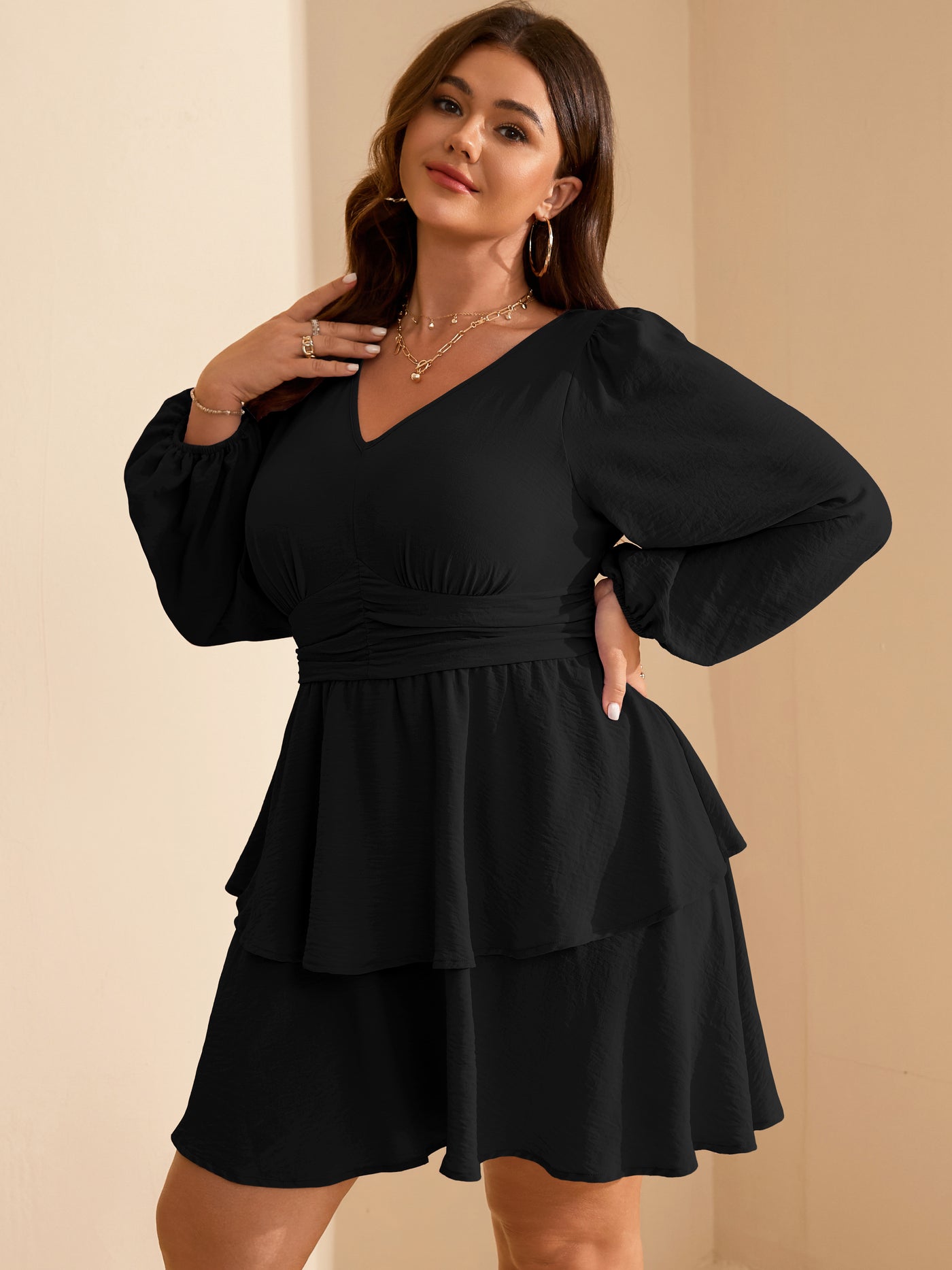 Plus Size V-Neck Tiered Mini Dress — Black