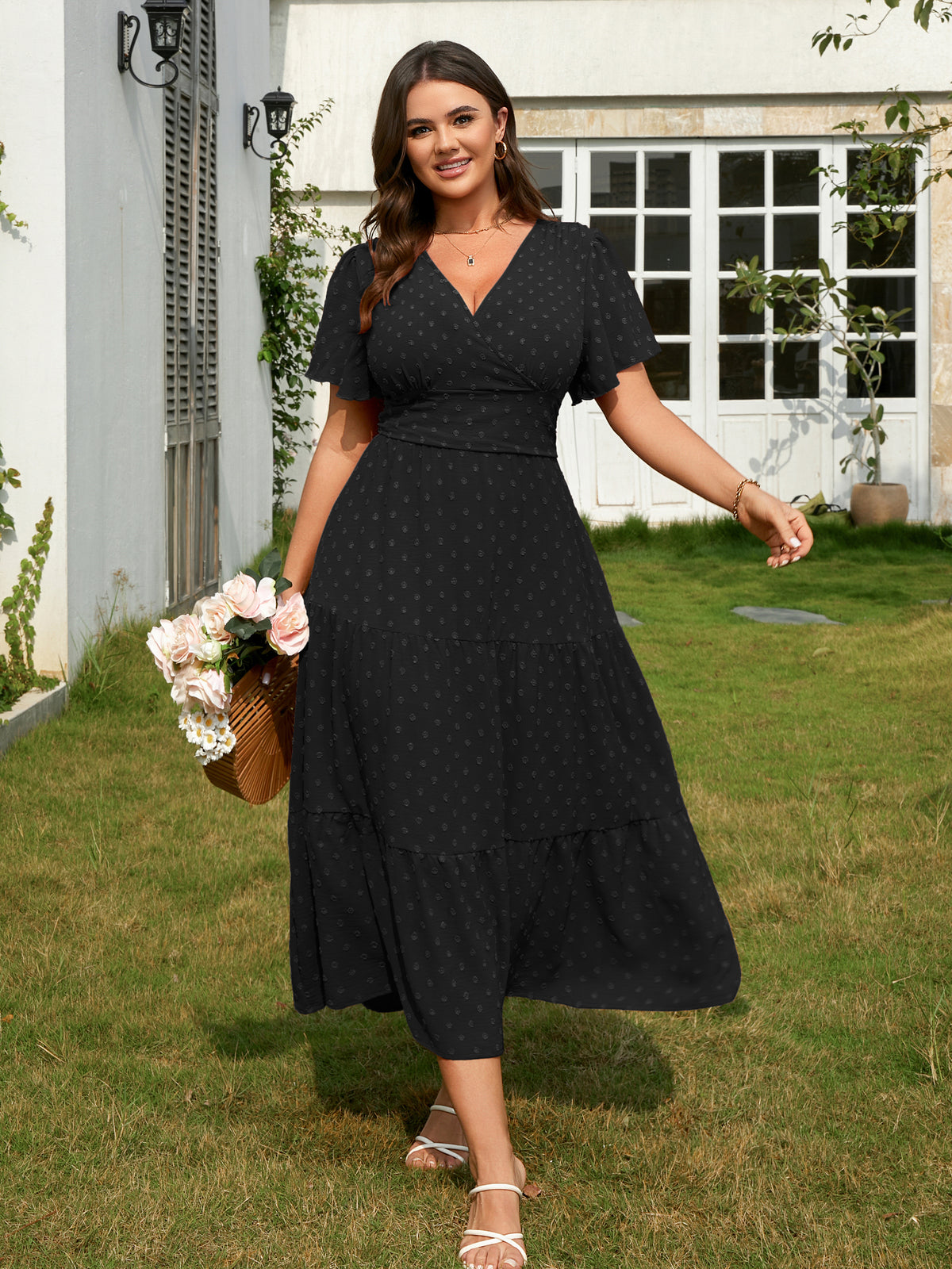 Plus Size Swiss-Dot V-Neck Maxi Dress — Black