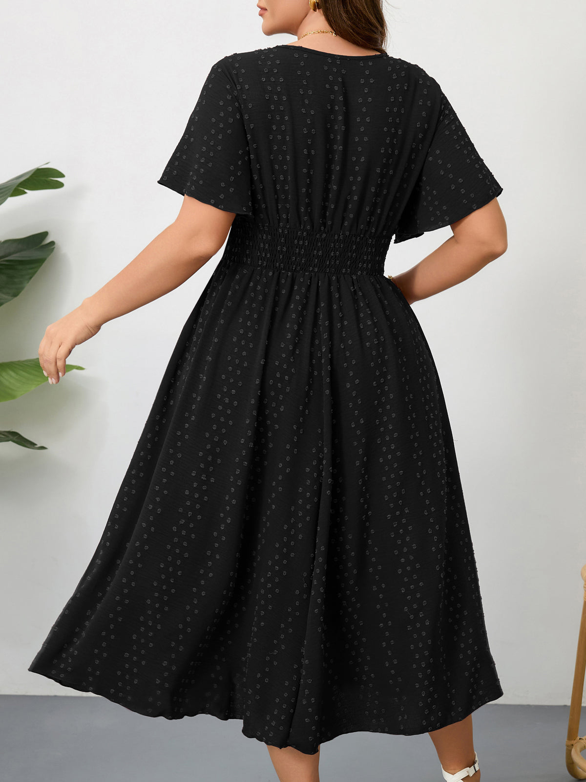Plus Size Swiss-Dot V-Neck Maxi Dress — Black