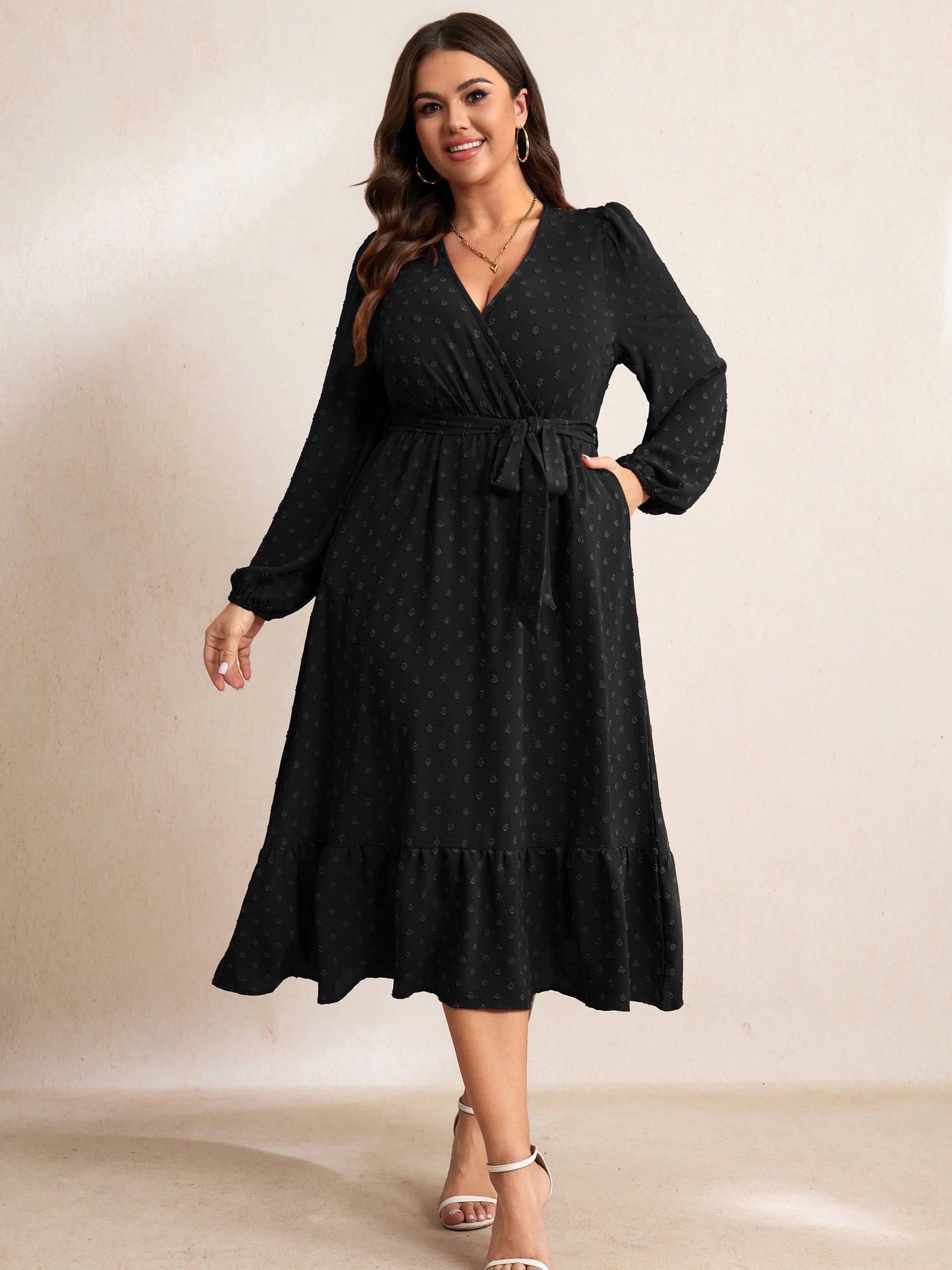 Plus Size V-Neck Tiered Midi Dress — Black
