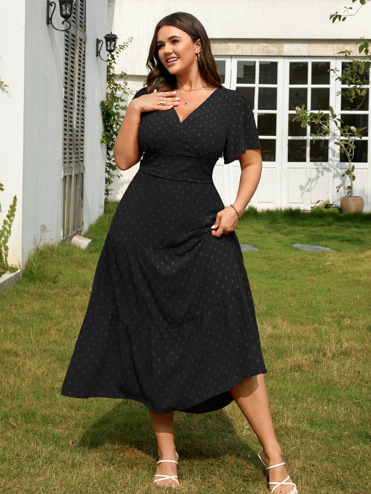 Plus Size Swiss-Dot V-Neck Maxi Dress — Black