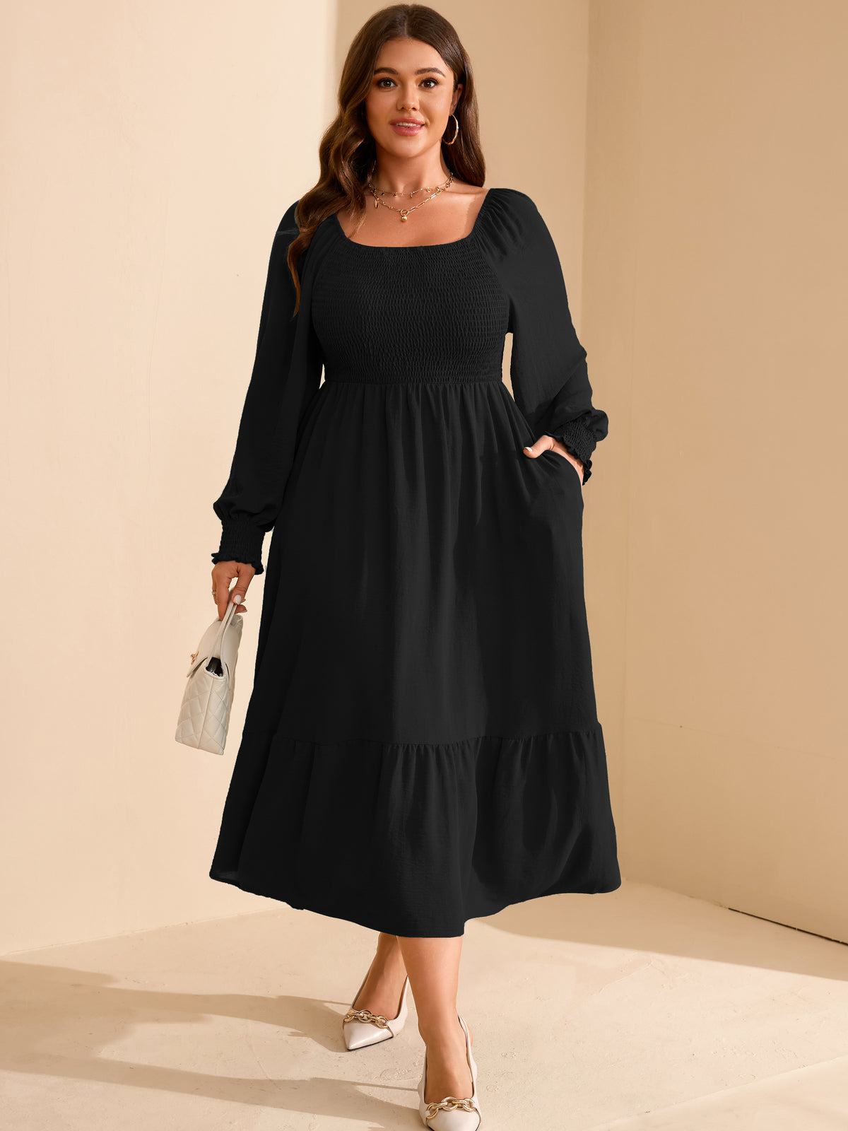 Plus Size Floral Long-Sleeve Maxi Dress — Black
