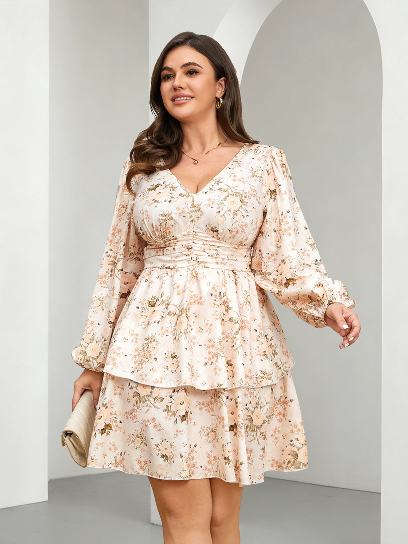 Plus Size V-Neck Tiered Mini Dress — Beige Floral