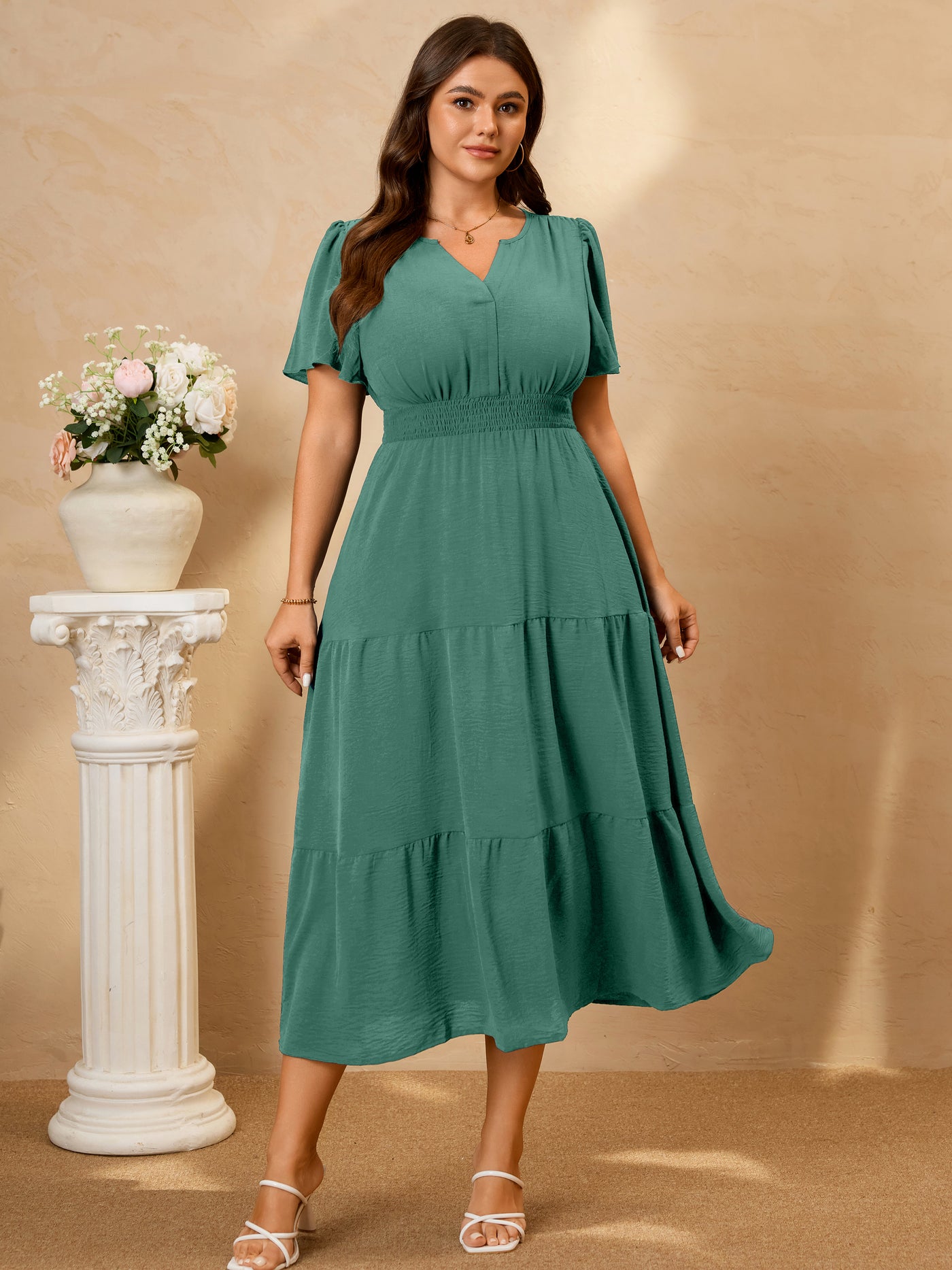 Plus Size Puff-Sleeve Tiered Midi Dress — Tea
