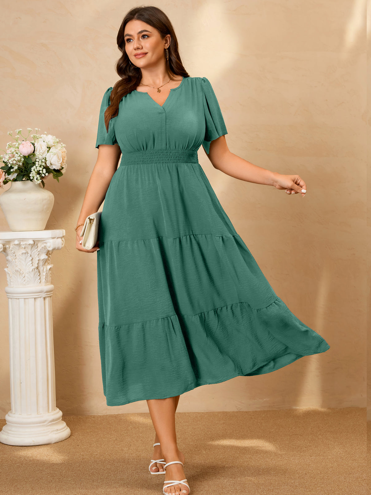Plus Size Puff-Sleeve Tiered Midi Dress — Tea