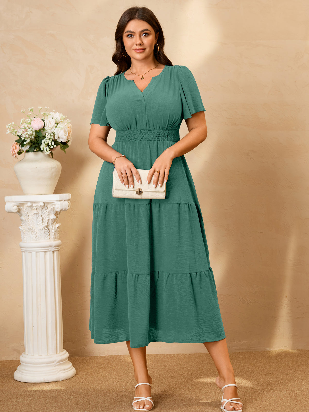 Plus Size Puff-Sleeve Tiered Midi Dress — Tea