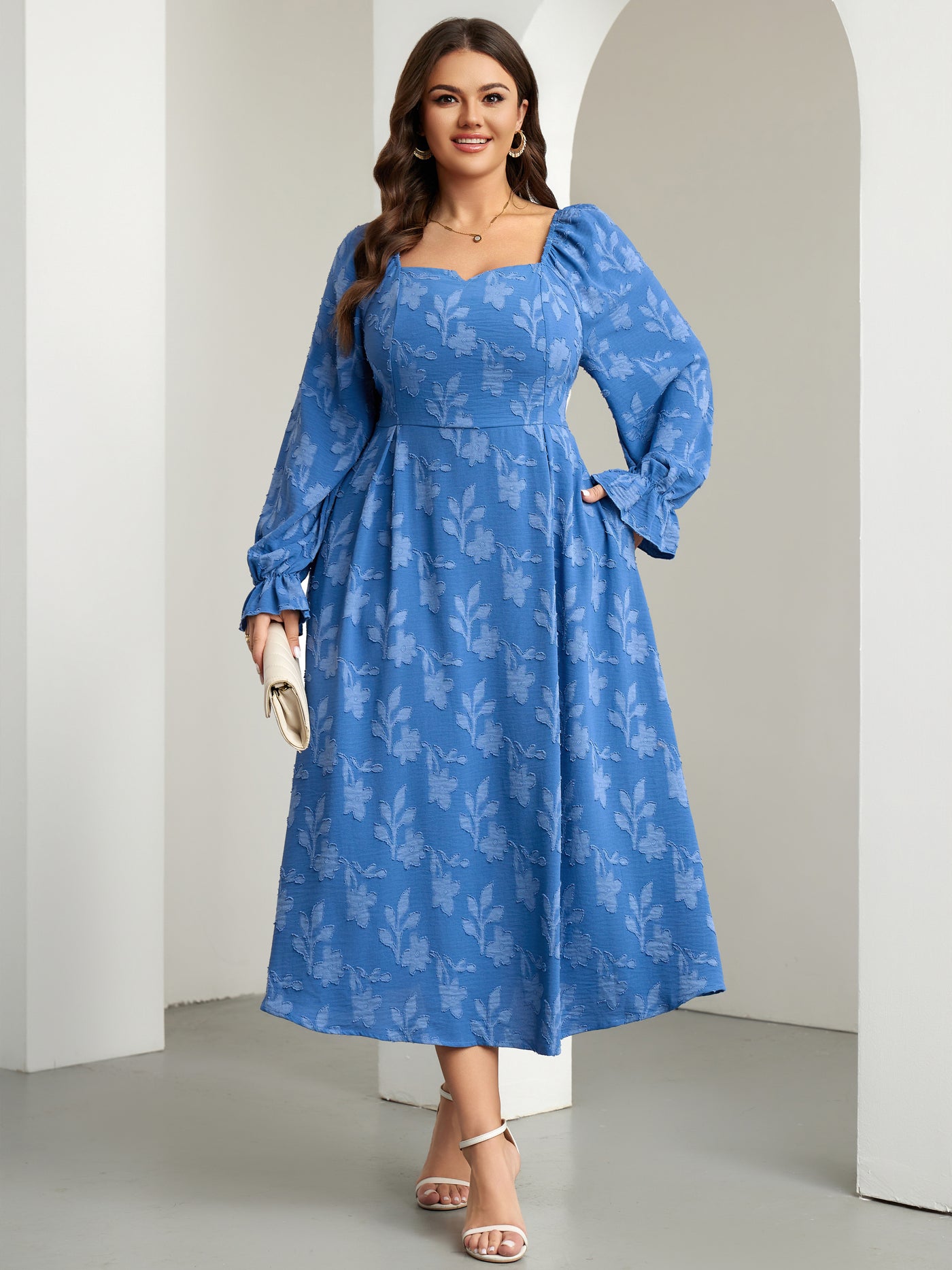 Plus Size Square-Neck Long-Sleeve Maxi Dress — Floral Blue