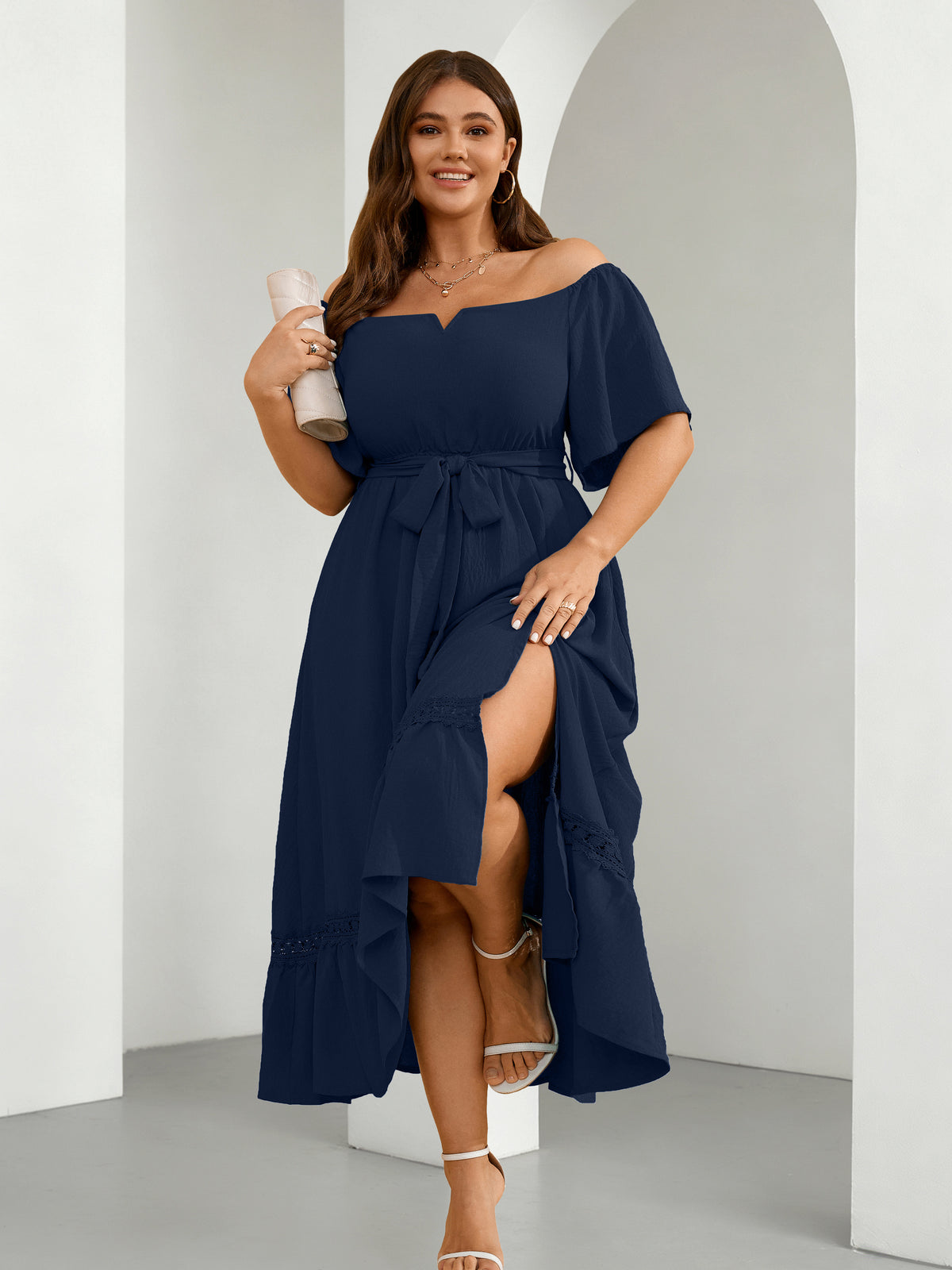 Plus Size Off-Shoulder Floral Maxi Dress — Navy Blue