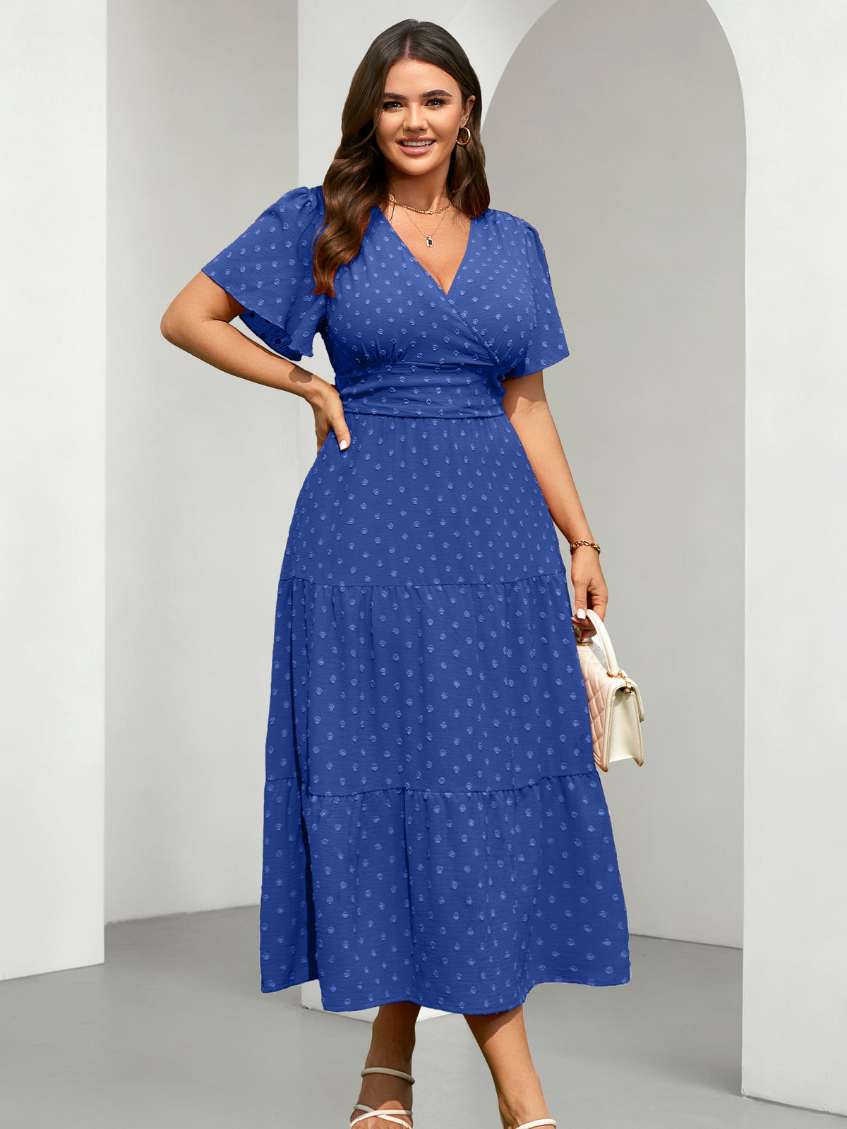 Plus Size Swiss-Dot V-Neck Maxi Dress — Royal Blue