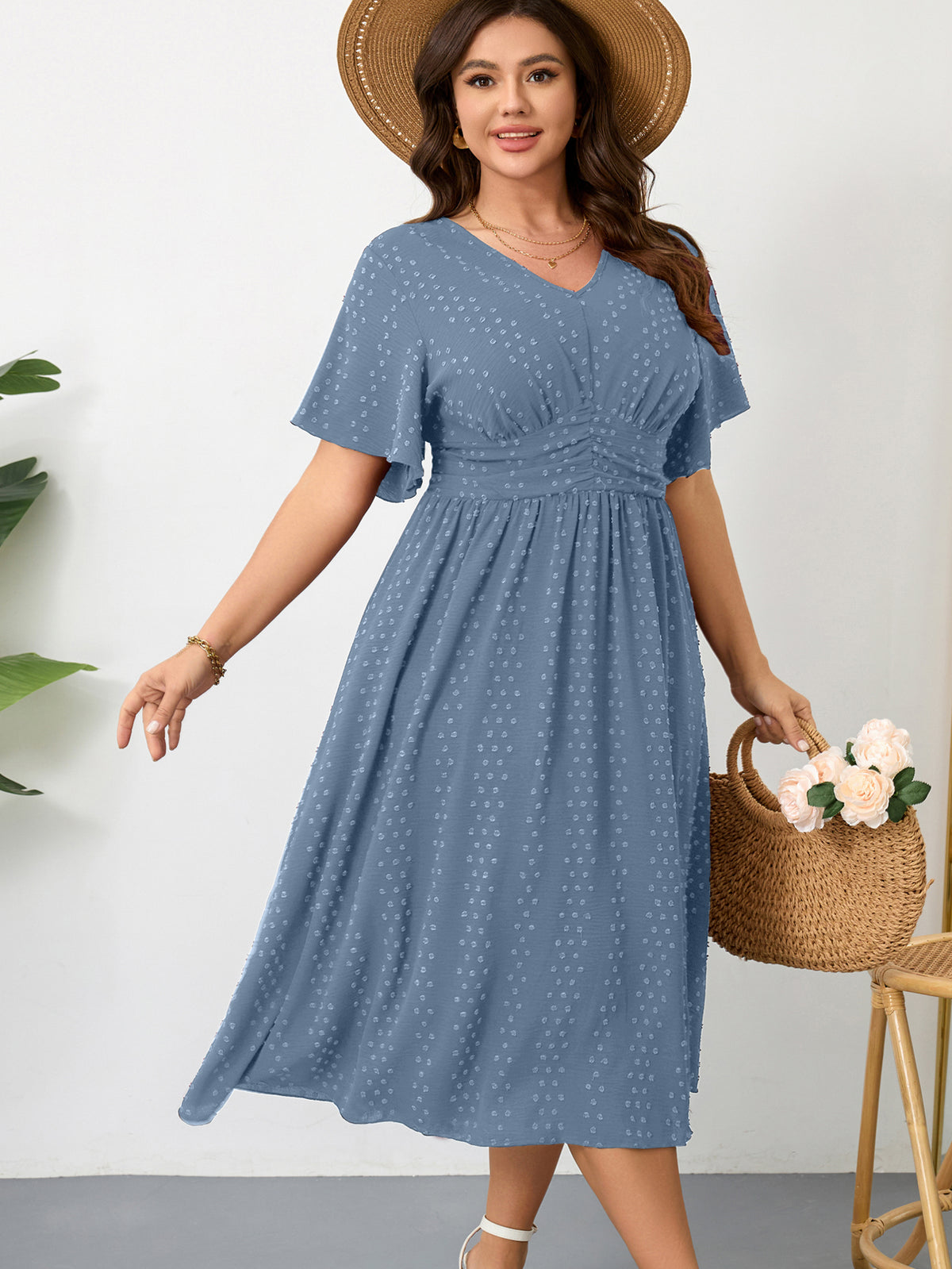 Plus Size Swiss-Dot V-Neck Maxi Dress — Dusty Blue