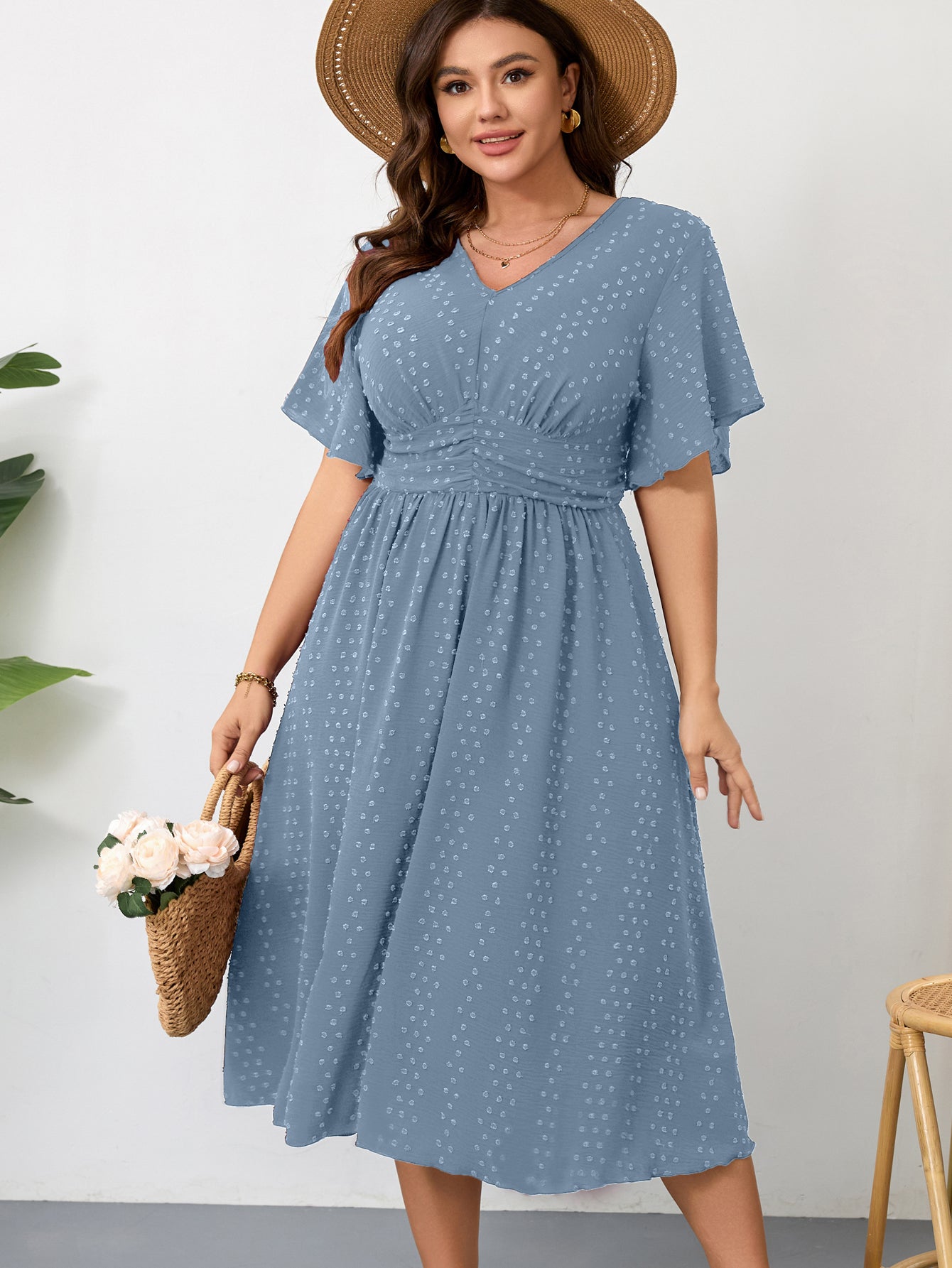 Plus Size Swiss-Dot V-Neck Maxi Dress — Dusty Blue