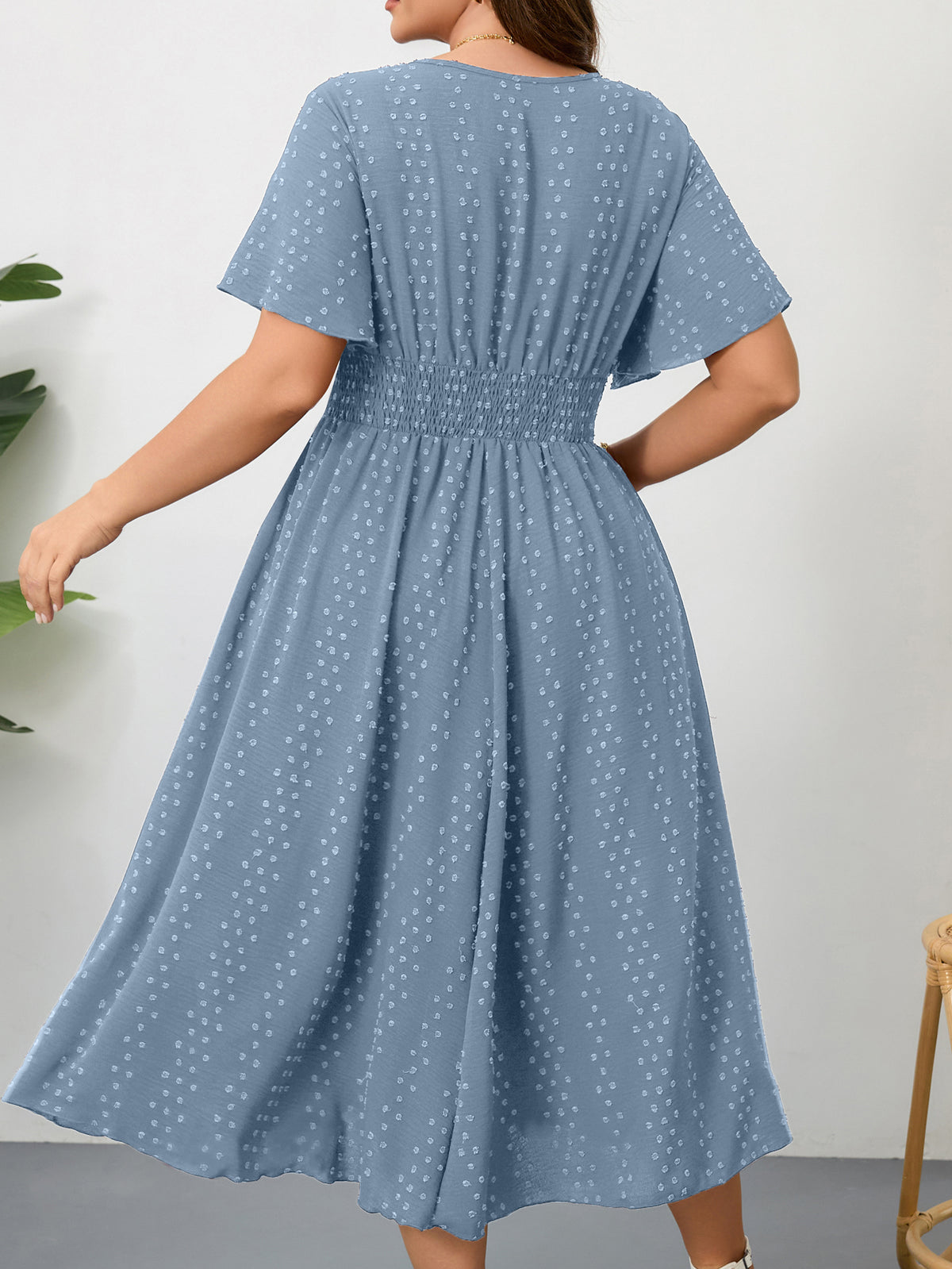 Plus Size Swiss-Dot V-Neck Maxi Dress — Dusty Blue