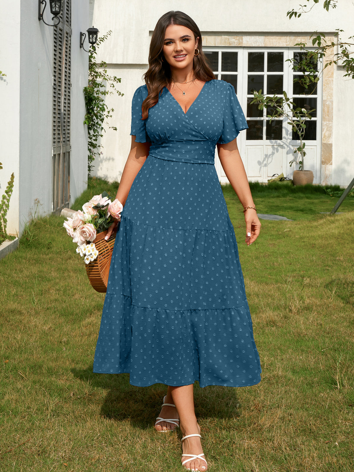 Plus Size Swiss-Dot V-Neck Maxi Dress — Dusty Blue