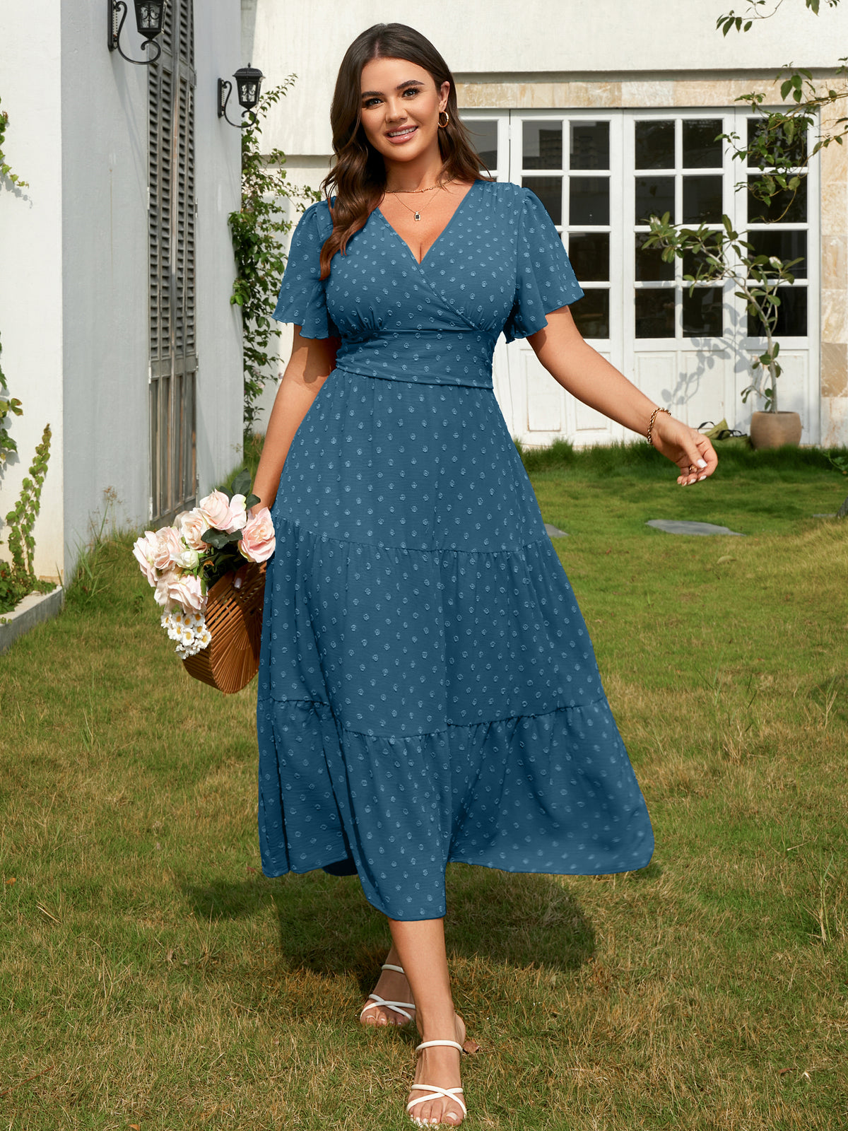 Plus Size Swiss-Dot V-Neck Maxi Dress — Dusty Blue