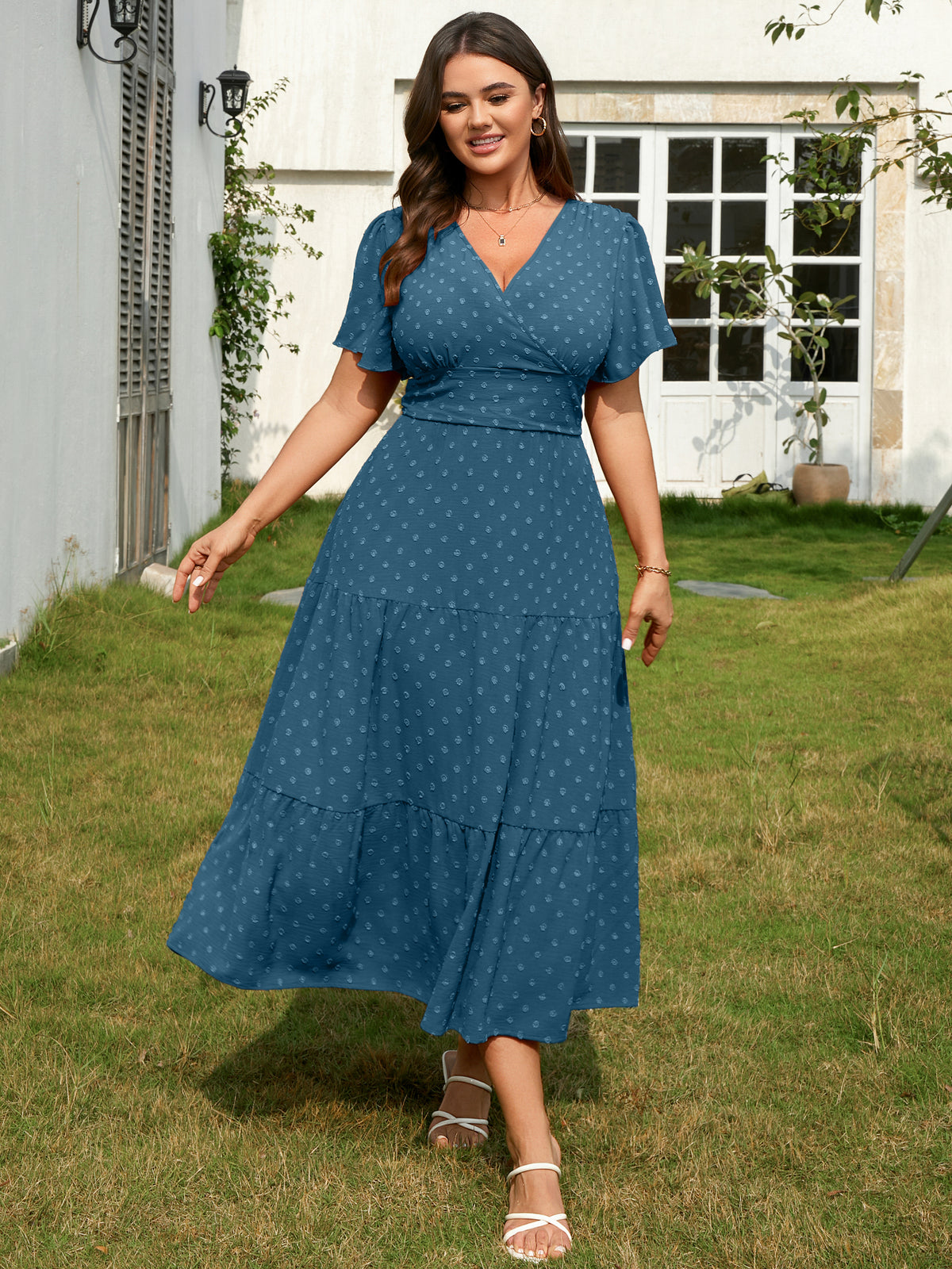 Plus Size Swiss-Dot V-Neck Maxi Dress — Dusty Blue