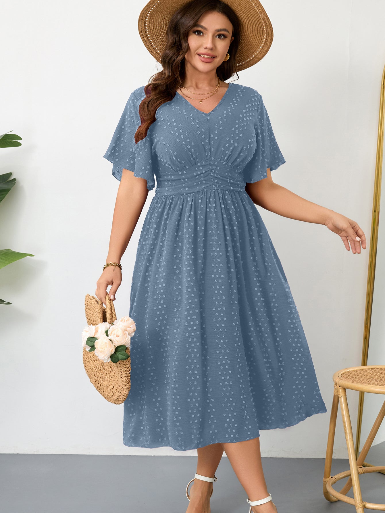 Plus Size Swiss-Dot V-Neck Maxi Dress — Dusty Blue