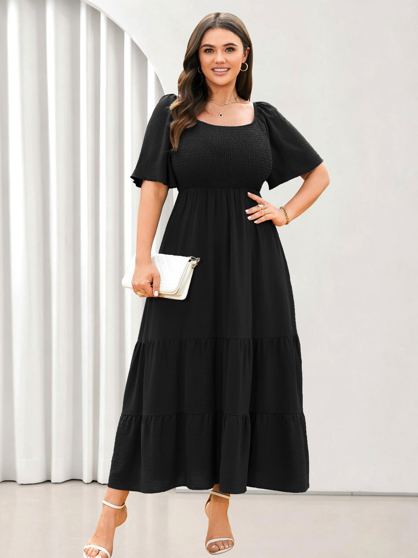 Plus Size Square-Neck Flutter-Sleeve Maxi Dress — Black