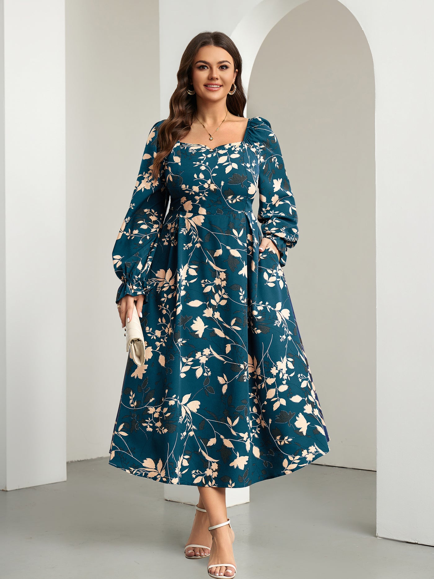Plus Size Square-Neck Long-Sleeve Maxi Dress — Lake Blue Leaf