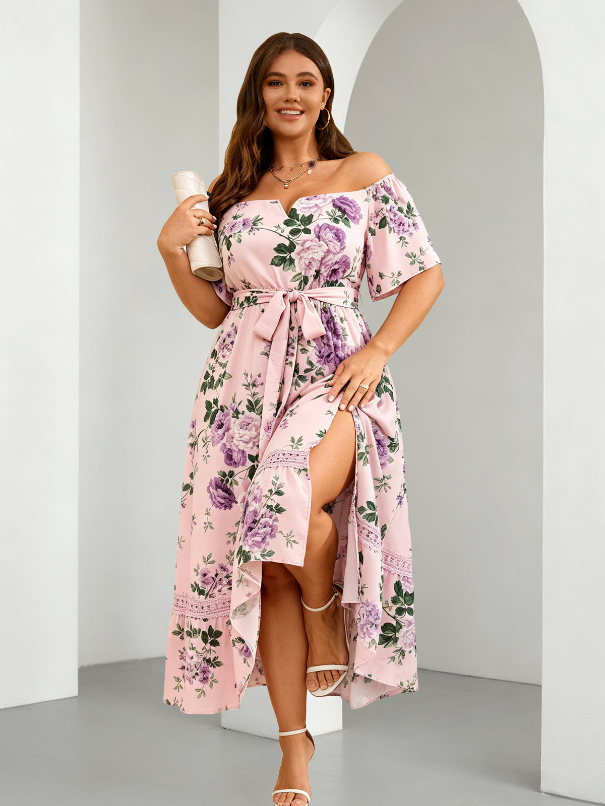 Plus Size Off-Shoulder Floral Maxi Dress — Pink Purple Floral