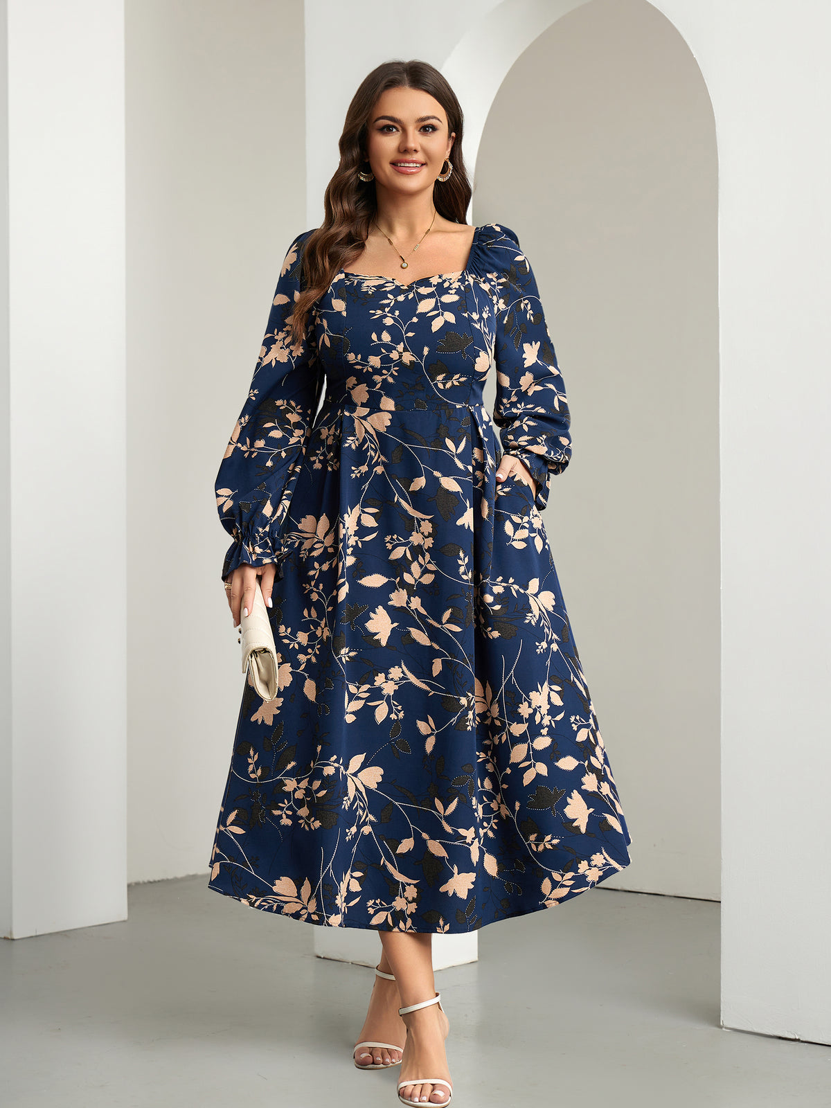 Plus Size Square-Neck Long-Sleeve Maxi Dress — Navy Leaf