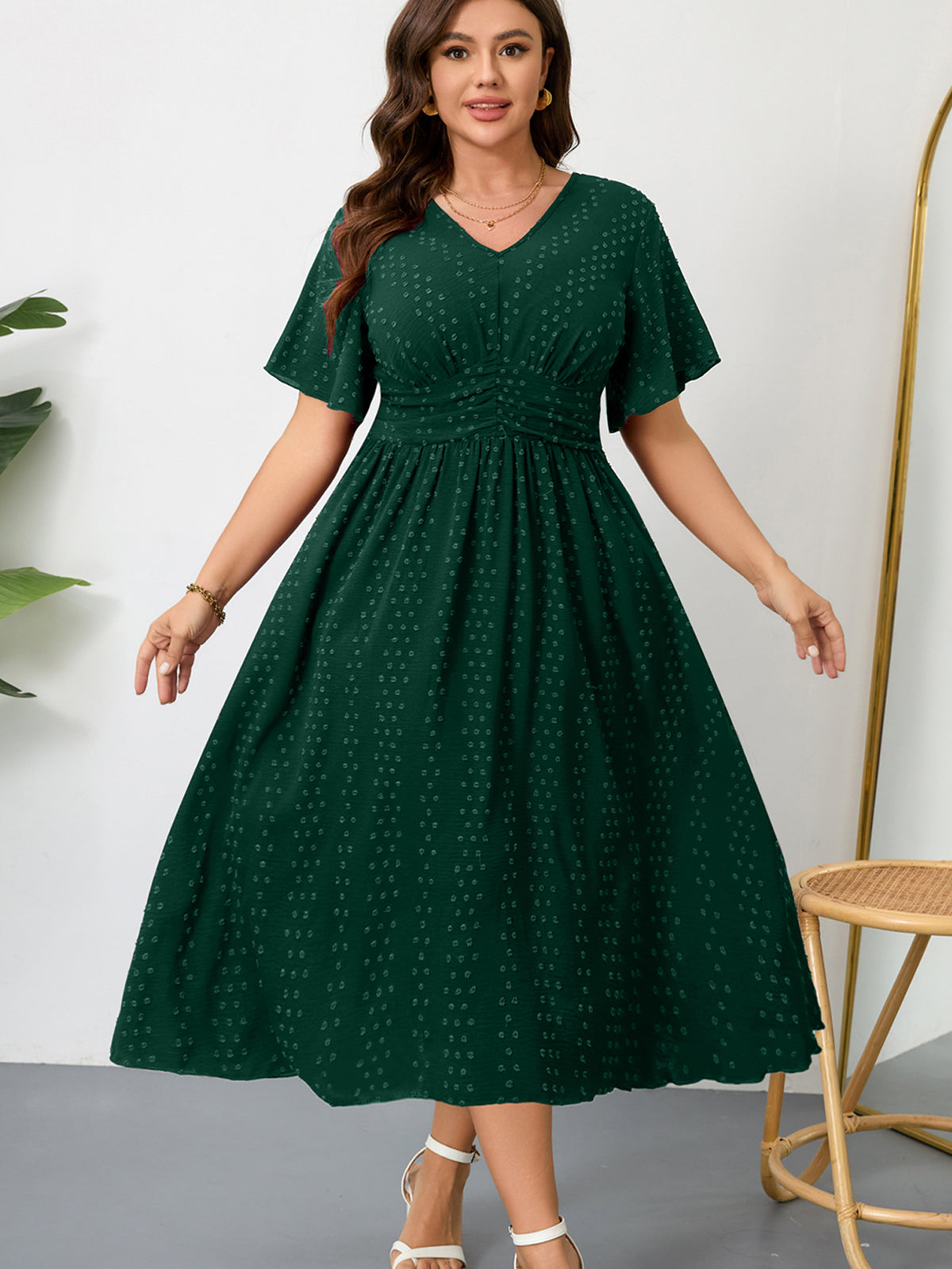 Plus Size Swiss-Dot V-Neck Maxi Dress — Green