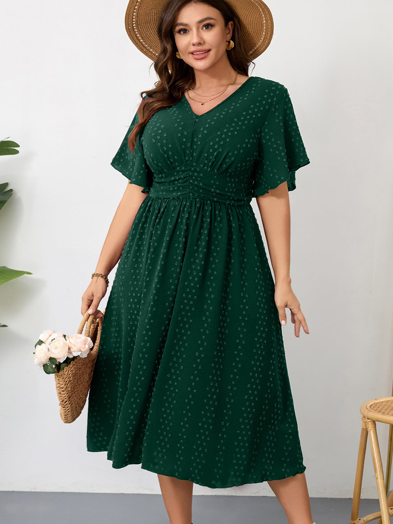 Plus Size Swiss-Dot V-Neck Maxi Dress — Green