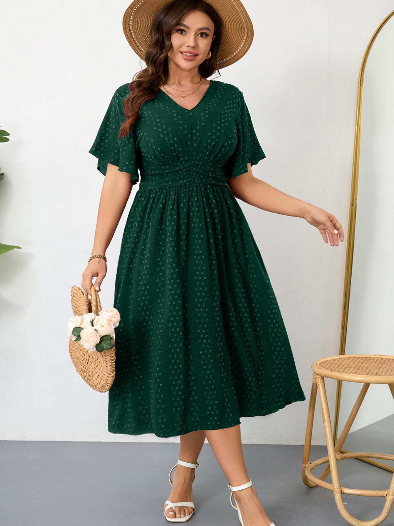 Plus Size Swiss-Dot V-Neck Maxi Dress — Green