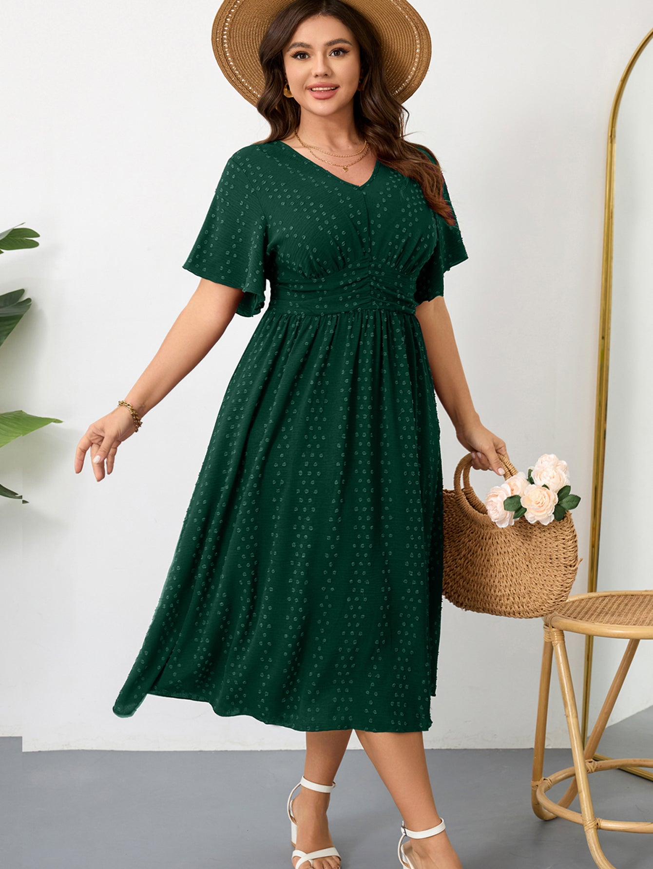 Plus Size Swiss-Dot V-Neck Maxi Dress — Green