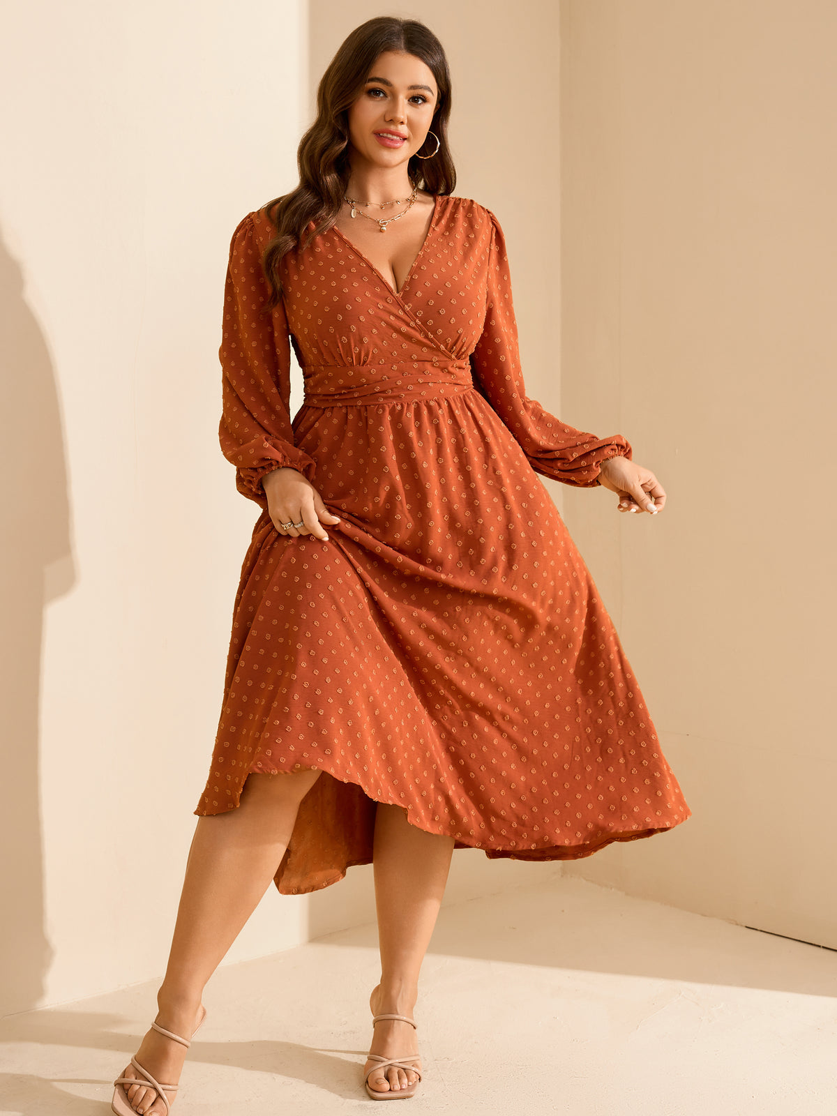 Plus Size Swiss-Dot V-Neck Party Dress — Burnt Orange