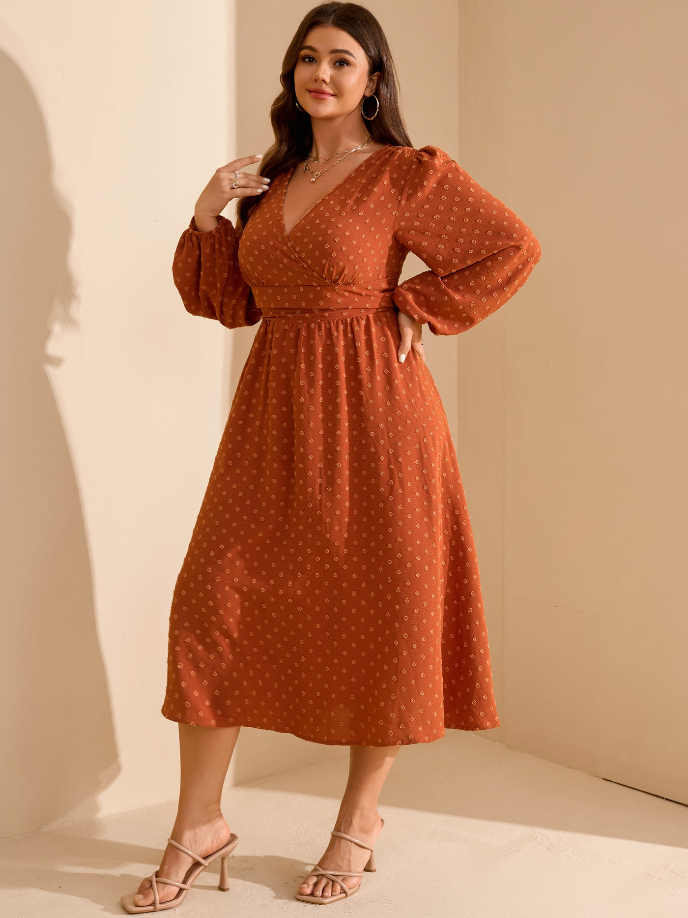Plus Size Swiss-Dot V-Neck Party Dress — Burnt Orange