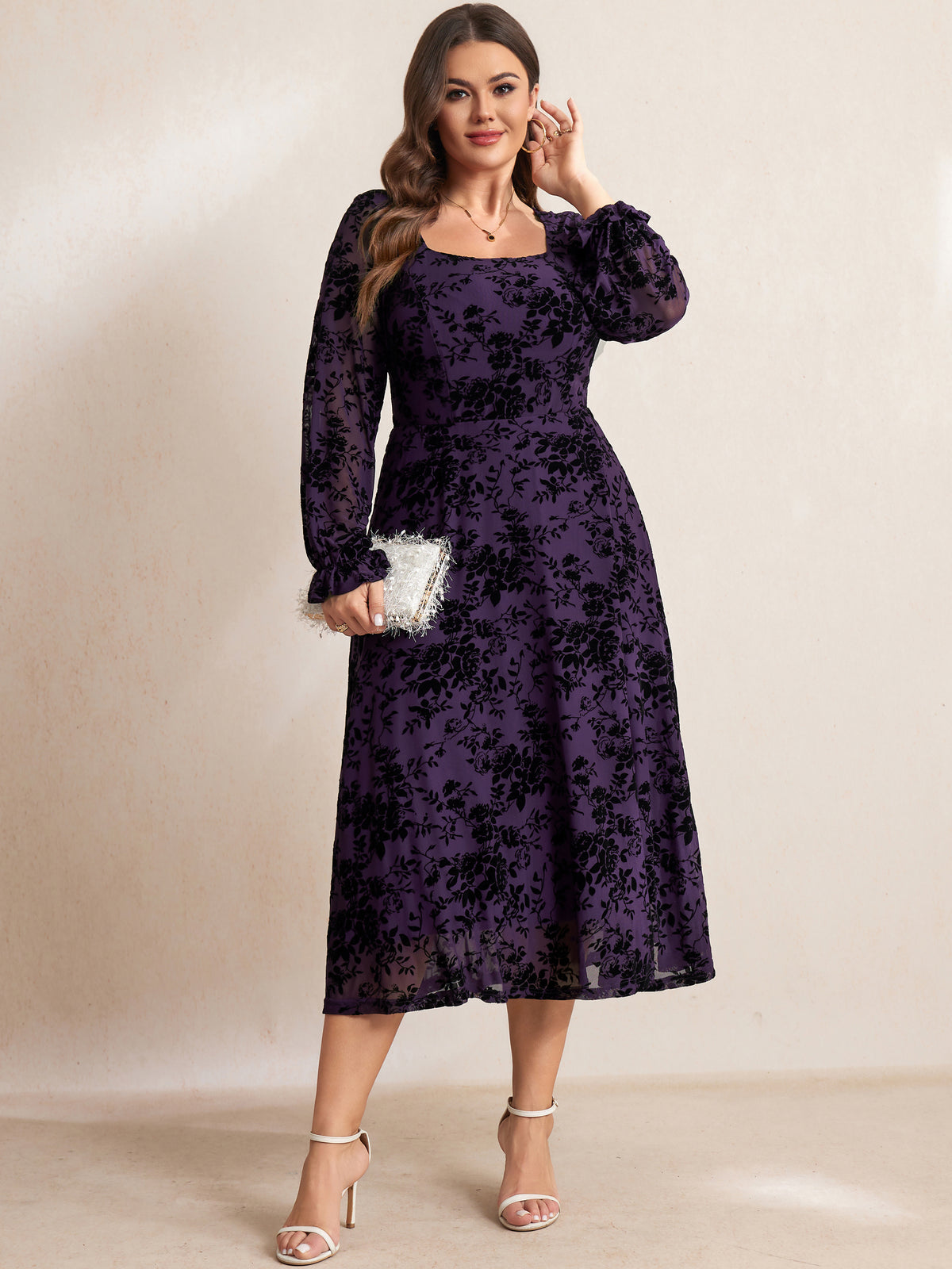 Plus Size Lace Square-Neck Maxi Dress — Deep Purple