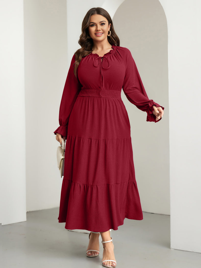 Plus Size Tie V-Neck Puff-Sleeve Maxi Dress — Burgundy