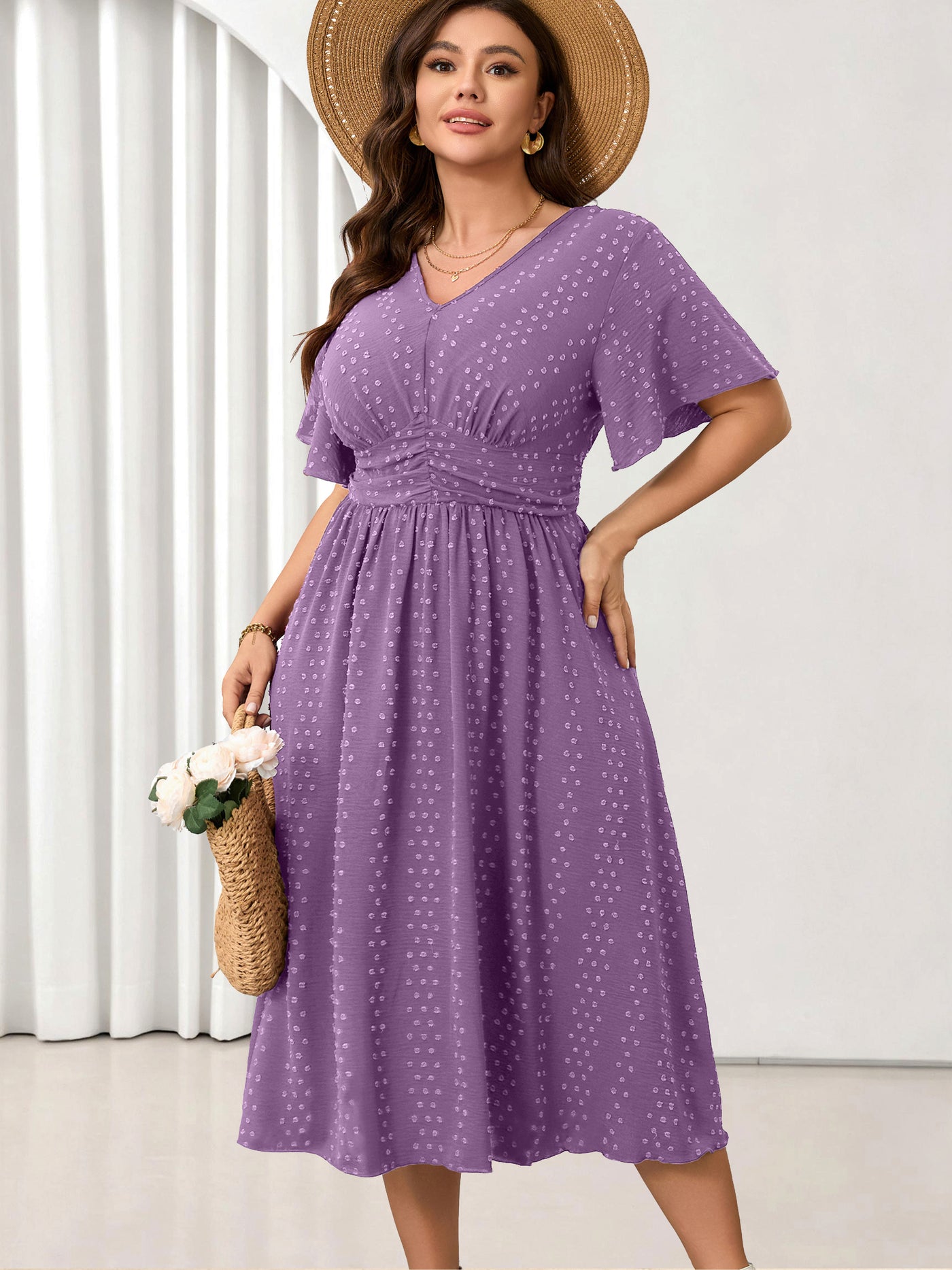 Plus Size Swiss-Dot V-Neck Maxi Dress — Purple