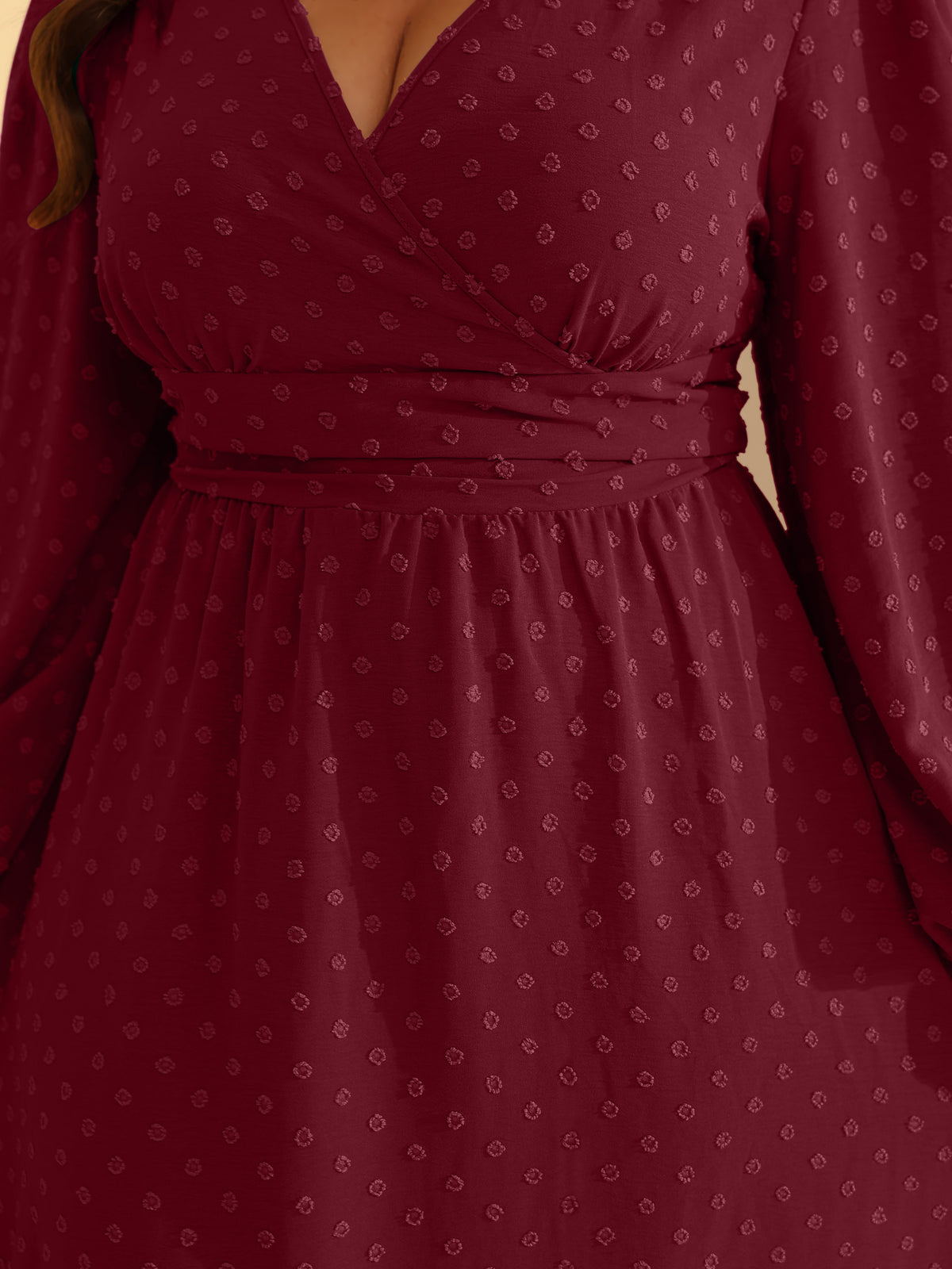 Plus Size Swiss-Dot V-Neck Party Dress — Burgundy — 15-7.jpg