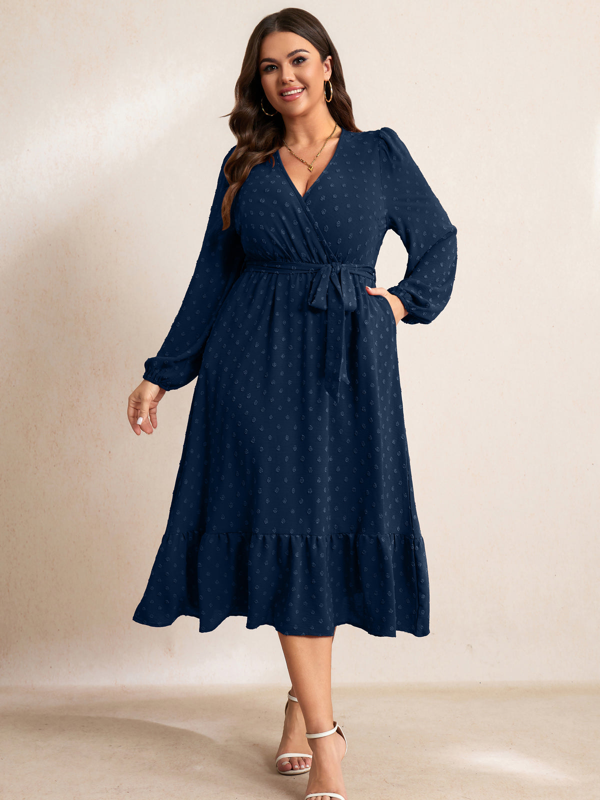 Plus Size V-Neck Tiered Midi Dress — Navy Blue