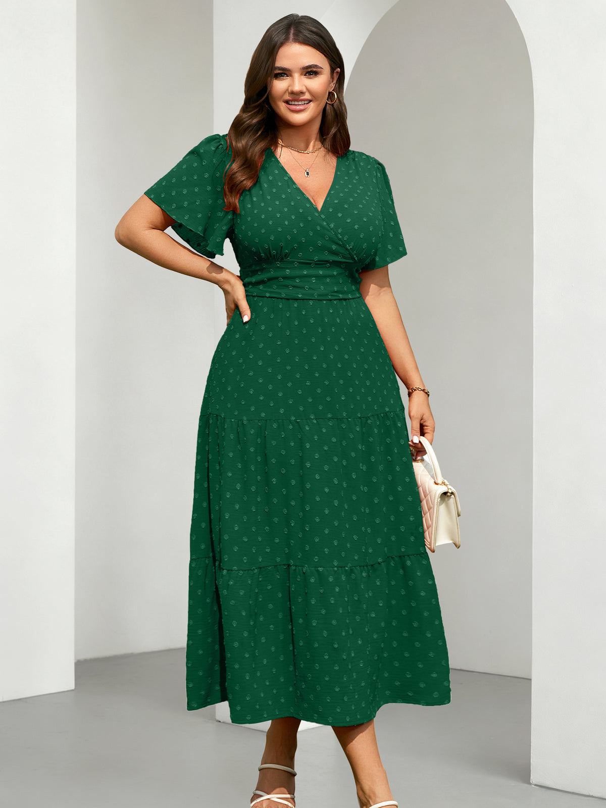 Plus Size Swiss-Dot V-Neck Maxi Dress — Green