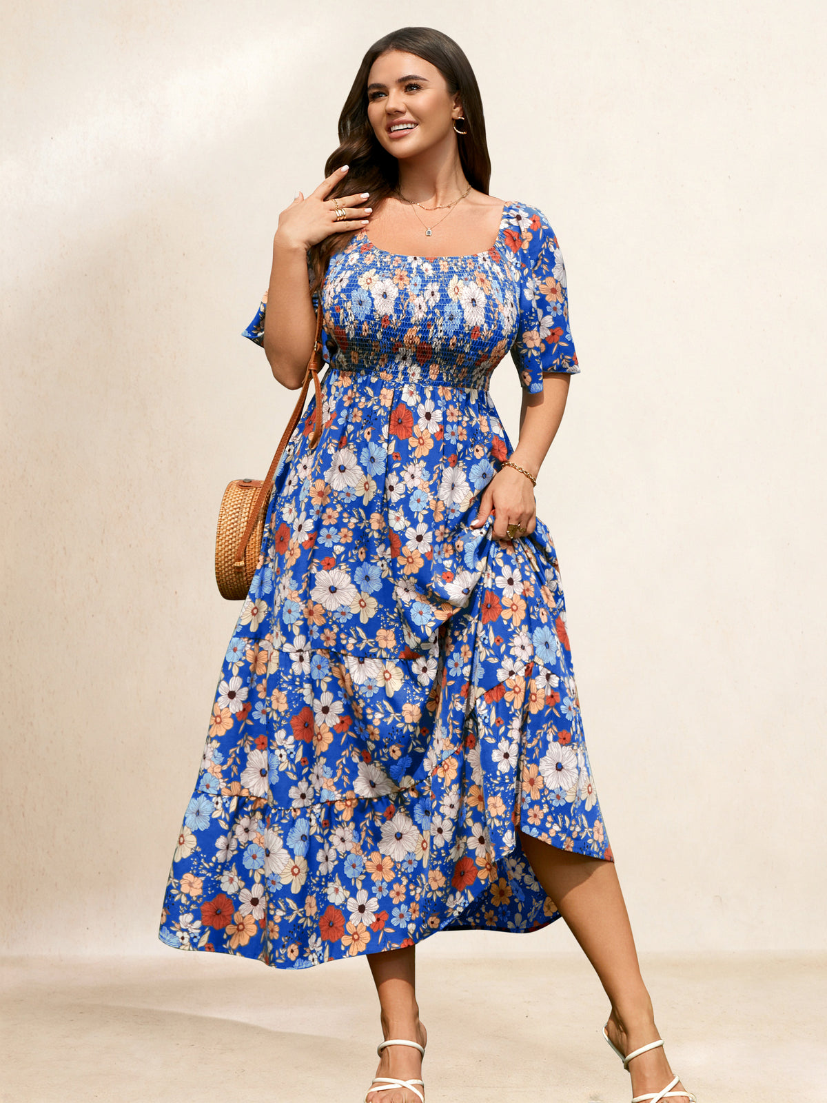Plus Size Square-Neck Flutter-Sleeve Maxi Dress — Royal Blue Floral